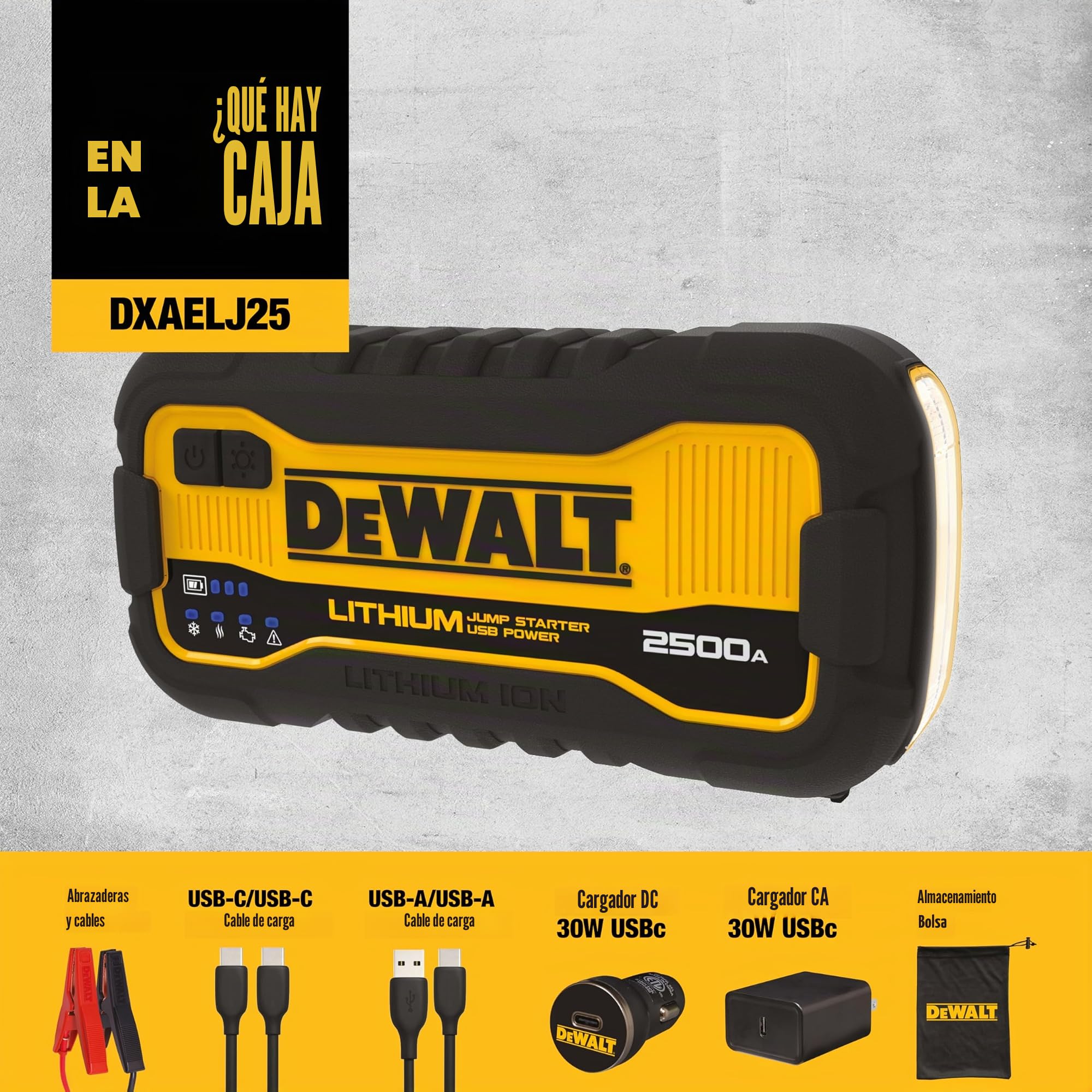 DEWALT DXAELJ25 2500 Peak Amp arrancador de Litio portátil con 25 W Tipo C, 15 W Tipo A, 60 W Tipo C Entrada/Salida