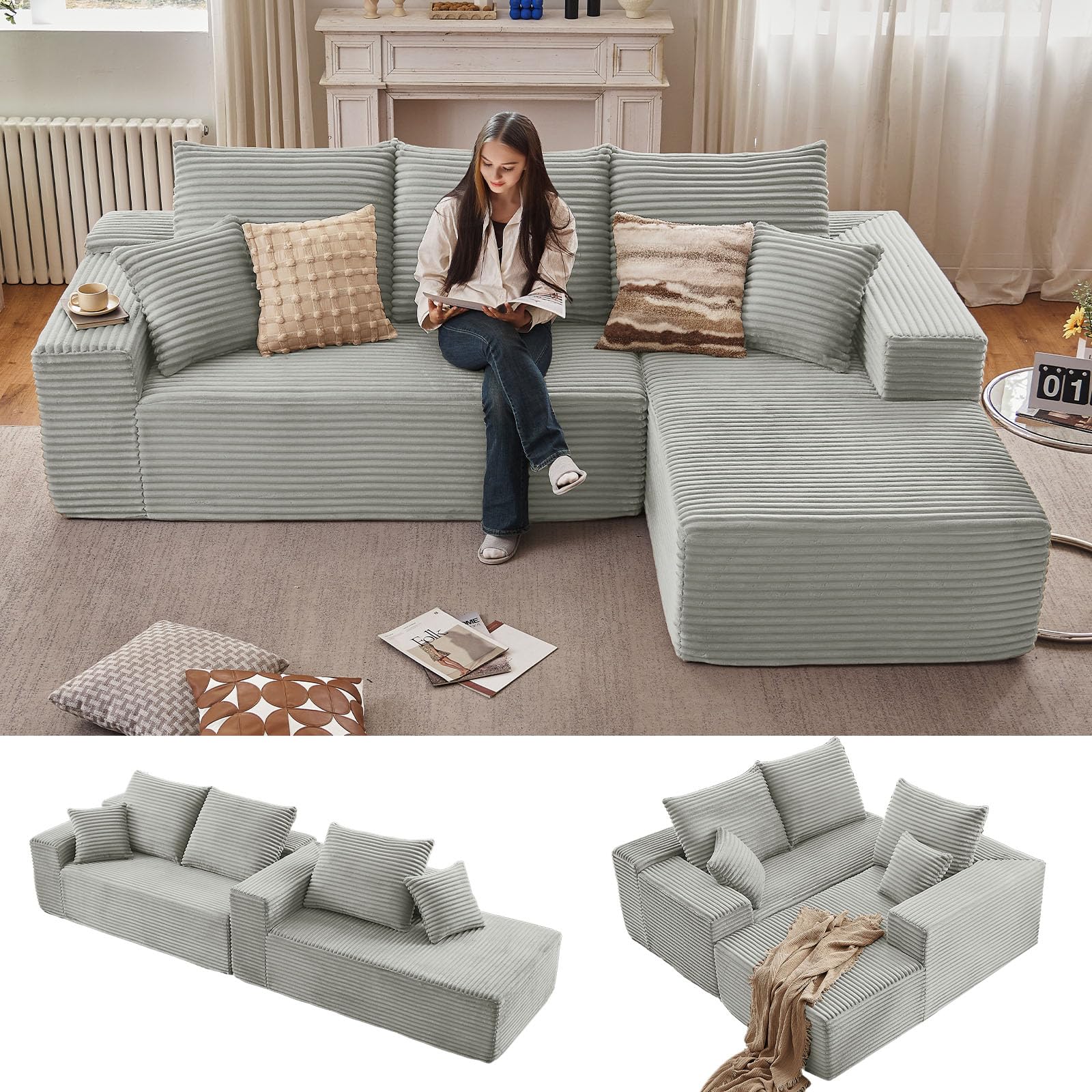 96" Modular Sectional Sofa, Modern Corduroy Cloud Couch with Deep Seat, Boneless Couch Upholstered 3-Seater L-Shaped Sofa for Living Room, No Assembly Required (Light Gray, Right-Facing Chaise)
