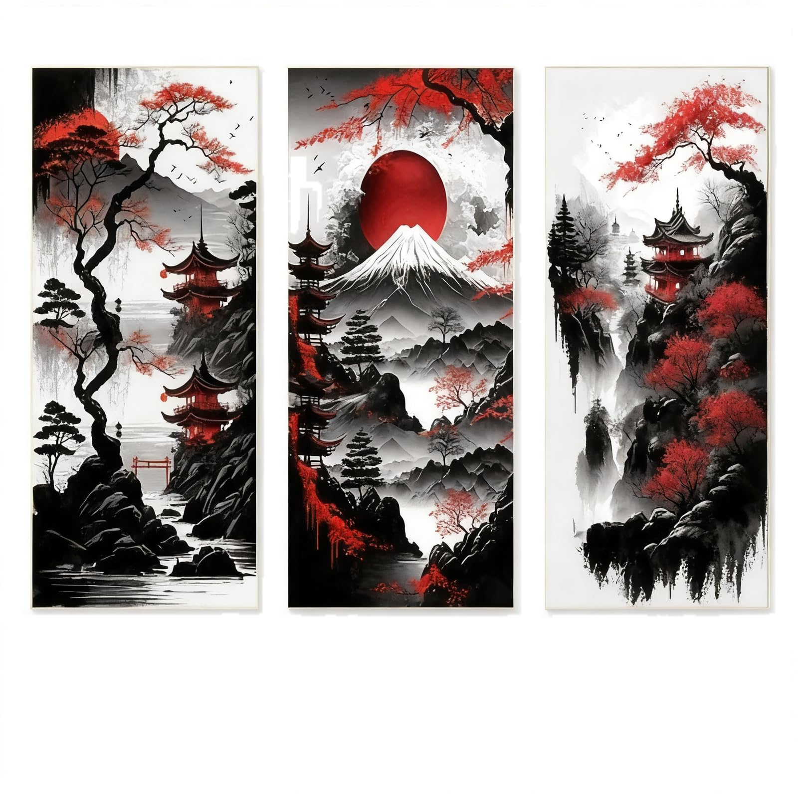 TWISAXC Stunning Japanese Home Decor Wall Art Set With Three-Piece Framed Canvas Featuring Minimalist Aesthetics Offering Décor