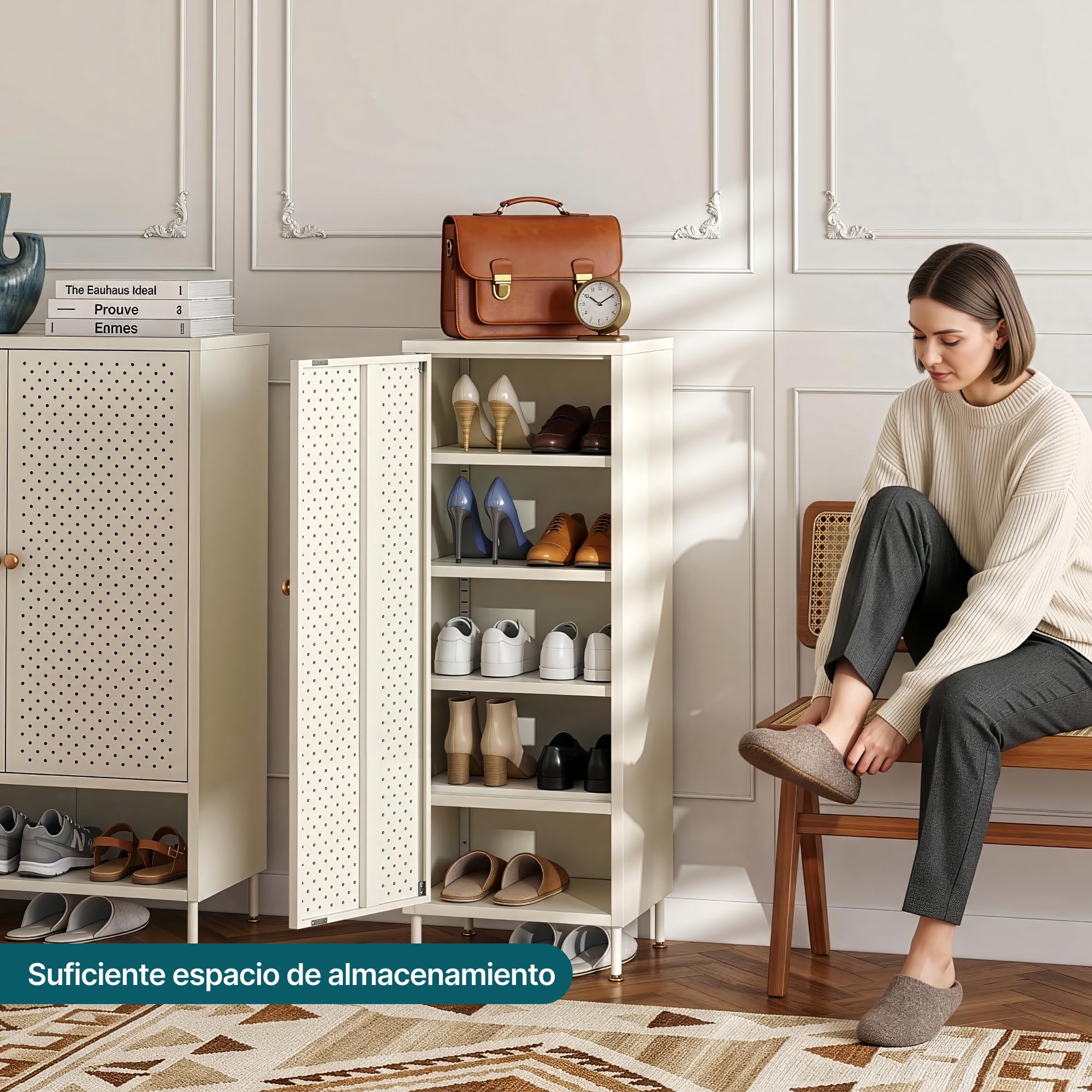 [en.casa] Zapatero Coleraine Armario con 3 Estantes Rebulables en Altura y 1 Puerta Batiente Mueble Zapatero Organizador para Zapatos Multiusos Acero 115 x 43 x 35 cm - Blanco Crema