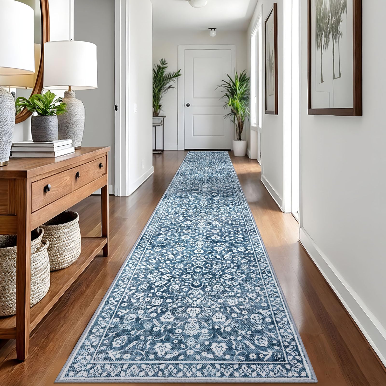 SILOLOOM Vintage 2.6x18 Hallway Runner, Blue and White Washable Non-Slip Long Hallway Carpet, Super Soft Kitchen Runner, Print Faux Wool Floral Thin Carpet for Entryway โ image 1