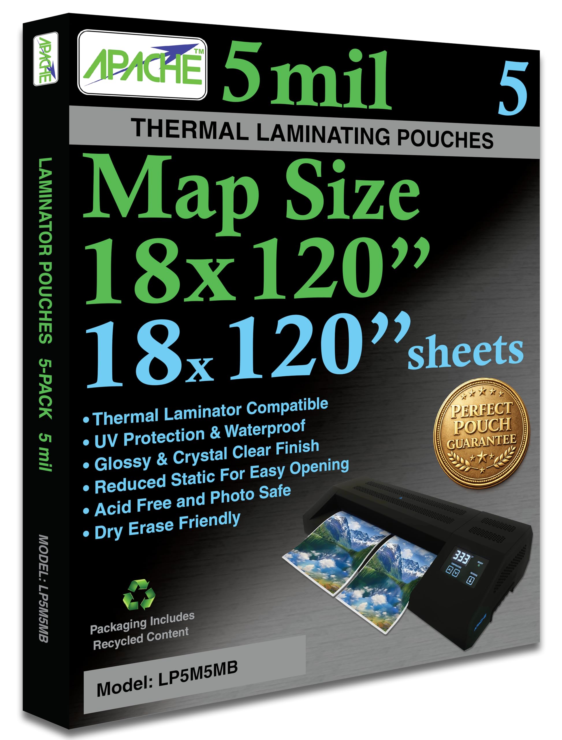 Apache Map Banner Size Laminating Pouches, 5 Mil, 5 Pack, 18 x 120 Inch Pouch Size Laminating Sheets, Thermal Laminator Compatible, Super Clear, Round Corners