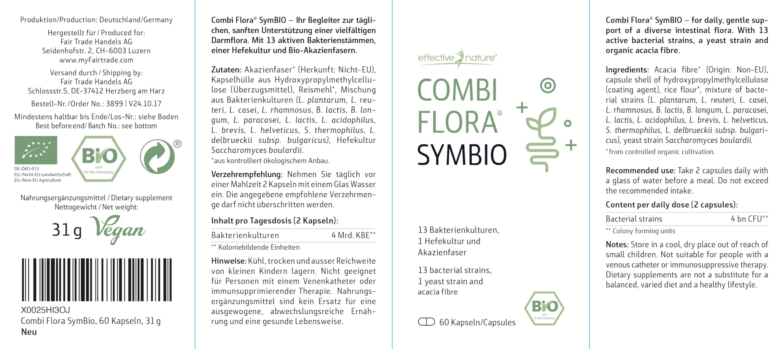 Combi Flora SymBIO - Kulturen Komplex mit aufeinander abgestimmten Bakterienstämmen + Akazienfaser - vegane Kapseln - hochdosiert, Bio-Qualität