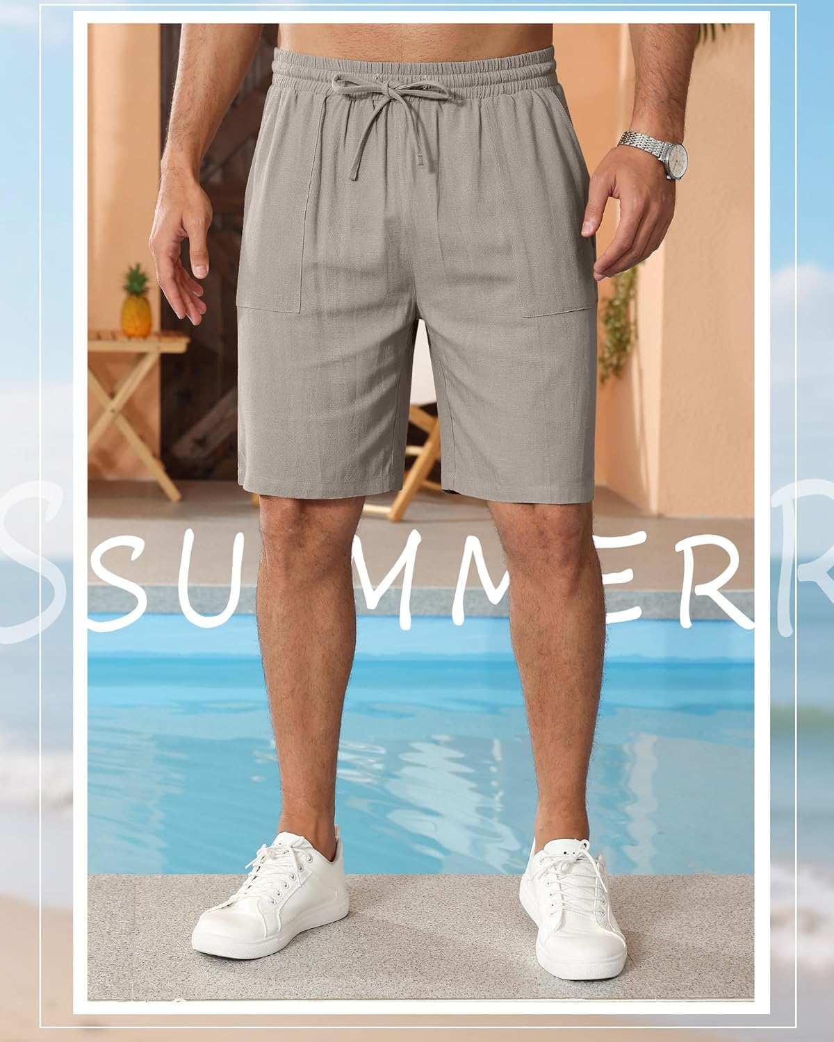 3 Pack Men's Linen Shorts, Casual Elastic Waist Drawstring Shorts Summer Golf Lounge Clothes with Pockets - Image 3