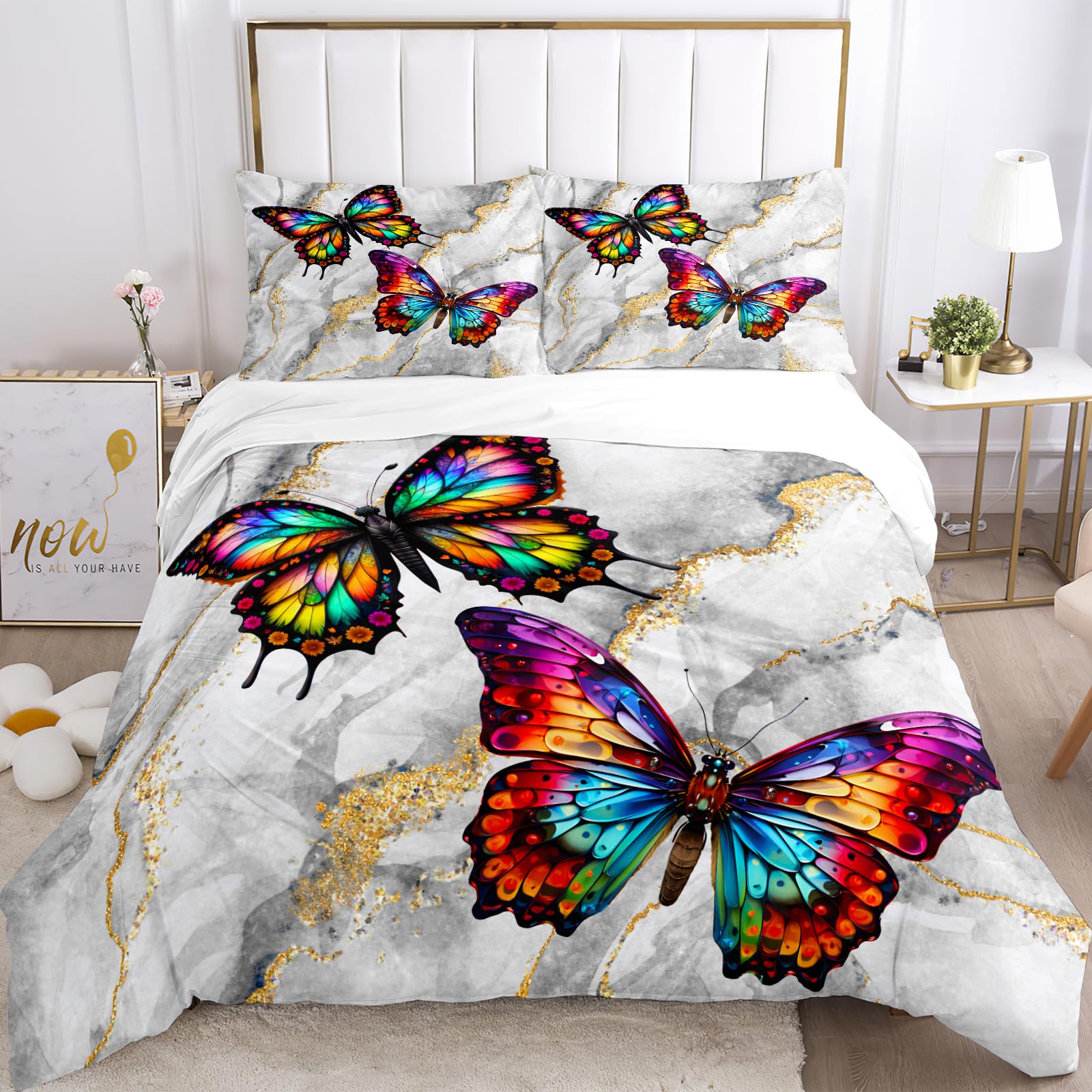 VTRXEG Funda nórdica mármol, juego de cama colorido fantasía mariposa, funda nórdica Mariposas con estampado de mariposas, impresión 3D, ropa de cama para niños y niñas (B,135x200cm)
