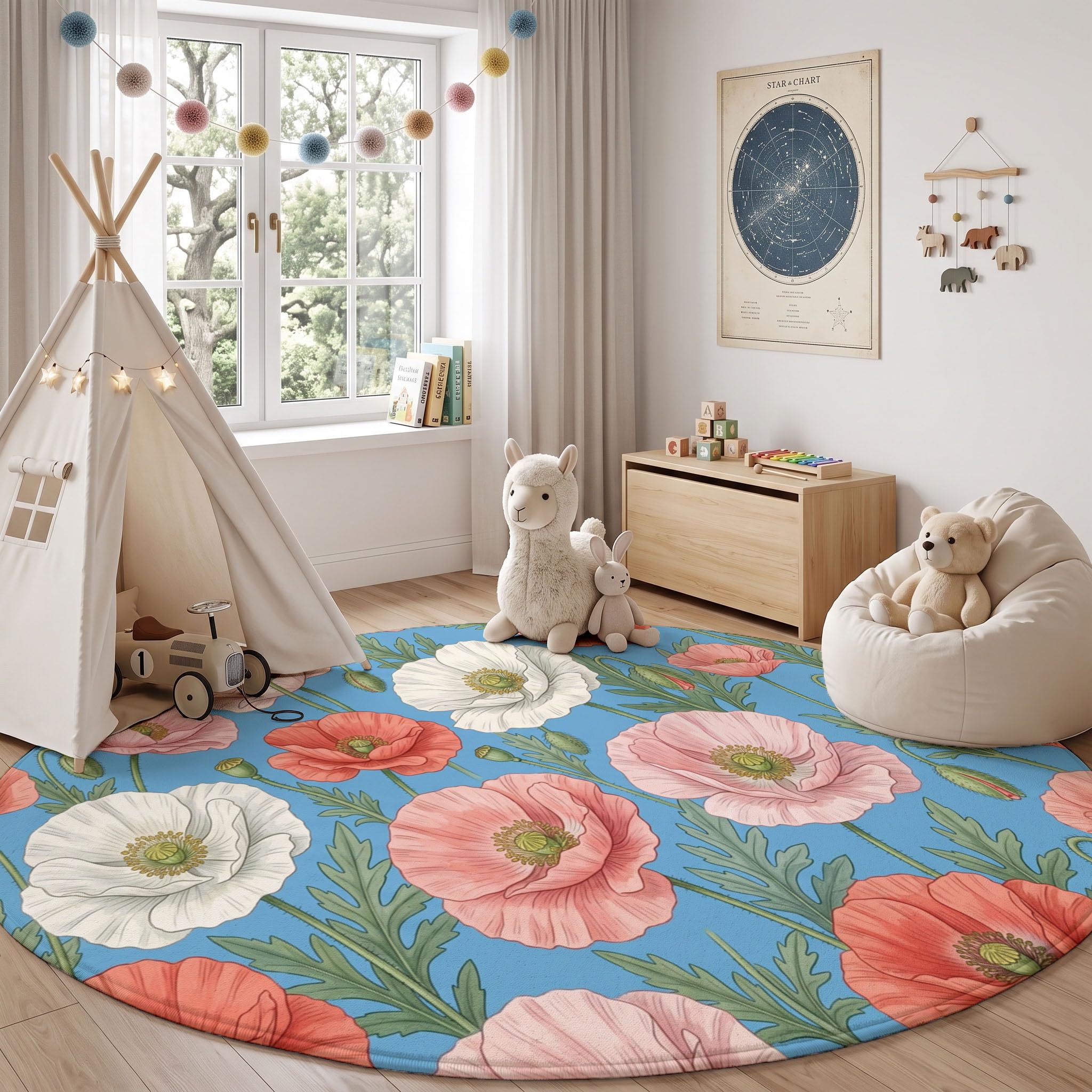 Tapis Rond Lavable Coquelicot Feuilles Vertes 100cm | Tapis Fleurs Fraîches Rétro Antidérapants Salon Lavable en Machine pour pour Salle à Manger, Entrée, Cuisine, Bleu