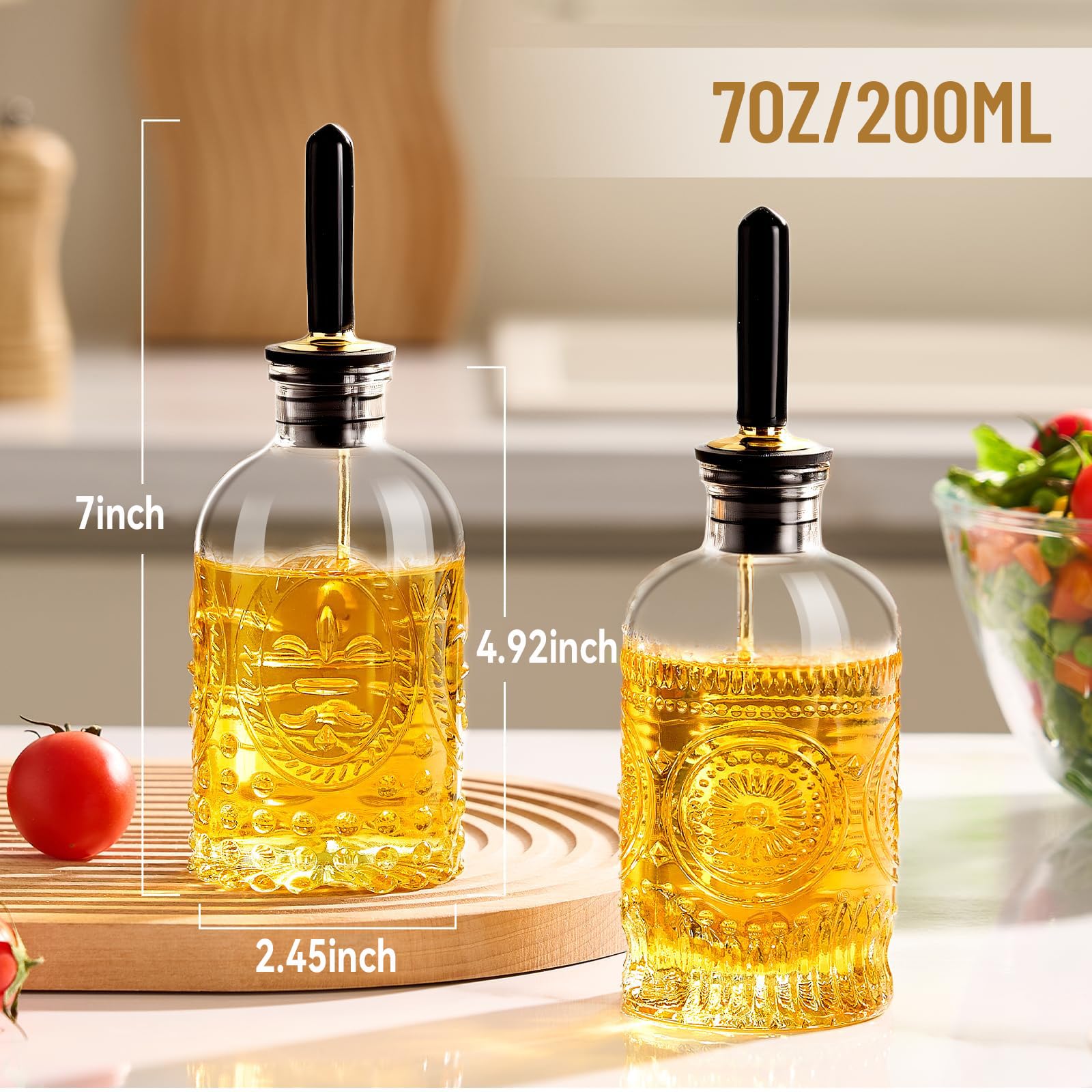 Baalaka Botella dispensadora de aceite de oliva para cocina con boquilla de metal, botellas de aceite de vidrio de 7 onzas, elegante dispensador de aceite de cocina de vidrio para jugo de cocina,