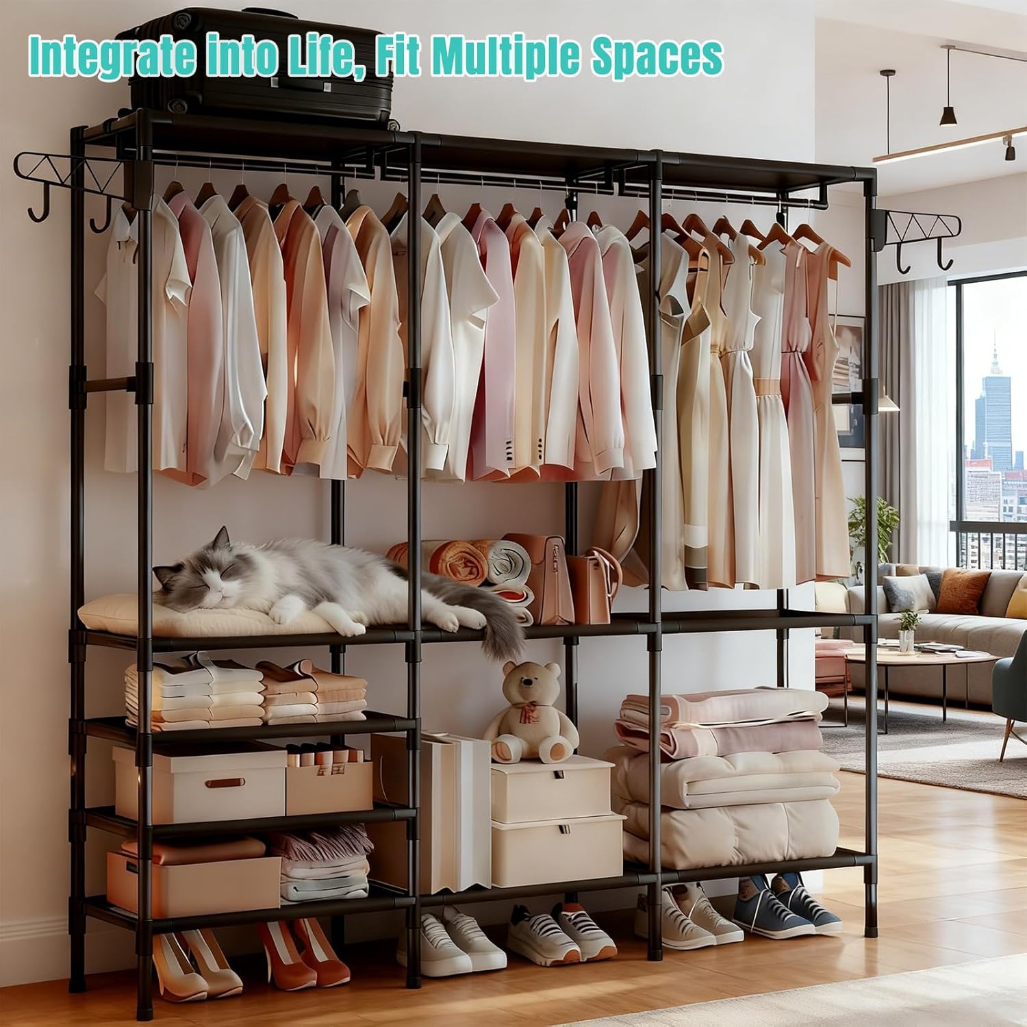 Portable Closet,Free Standing Clothes Rack,Clothes Storage Closet,Closet Racks for Hanging Clothes for Hanging Clothes with 4 Hooks,63" L X 14" W X 67" H,Easy to Assembly