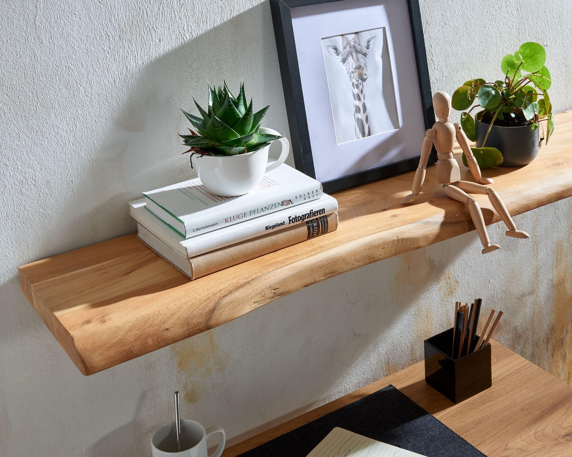 FineBuy Estantería de Pared 100 cm Moderna Madera Maciza de Acacia | Estante Colgante de Flotación Libre Rectangular con Borde de Árbol | Estantería flotante de madera auténtica con borde natural, estilo rústico, hecho a mano, único