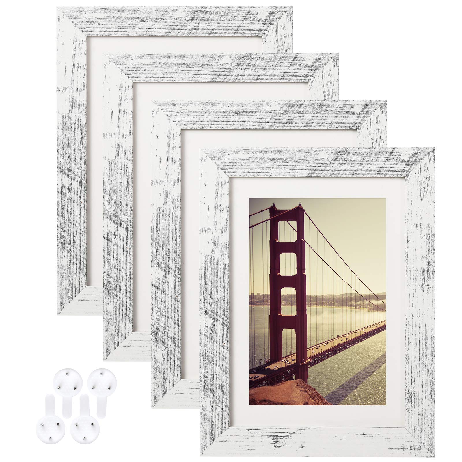 BAIJIALI Juego de 4 marcos de fotos de 12,7 x 17,7 cm, madera envejecida, con vidrio templado, 4 x 6 con alfombrilla o 5 x 7 sin estera, formatos horizontales y verticales para montaje en pared y mesa