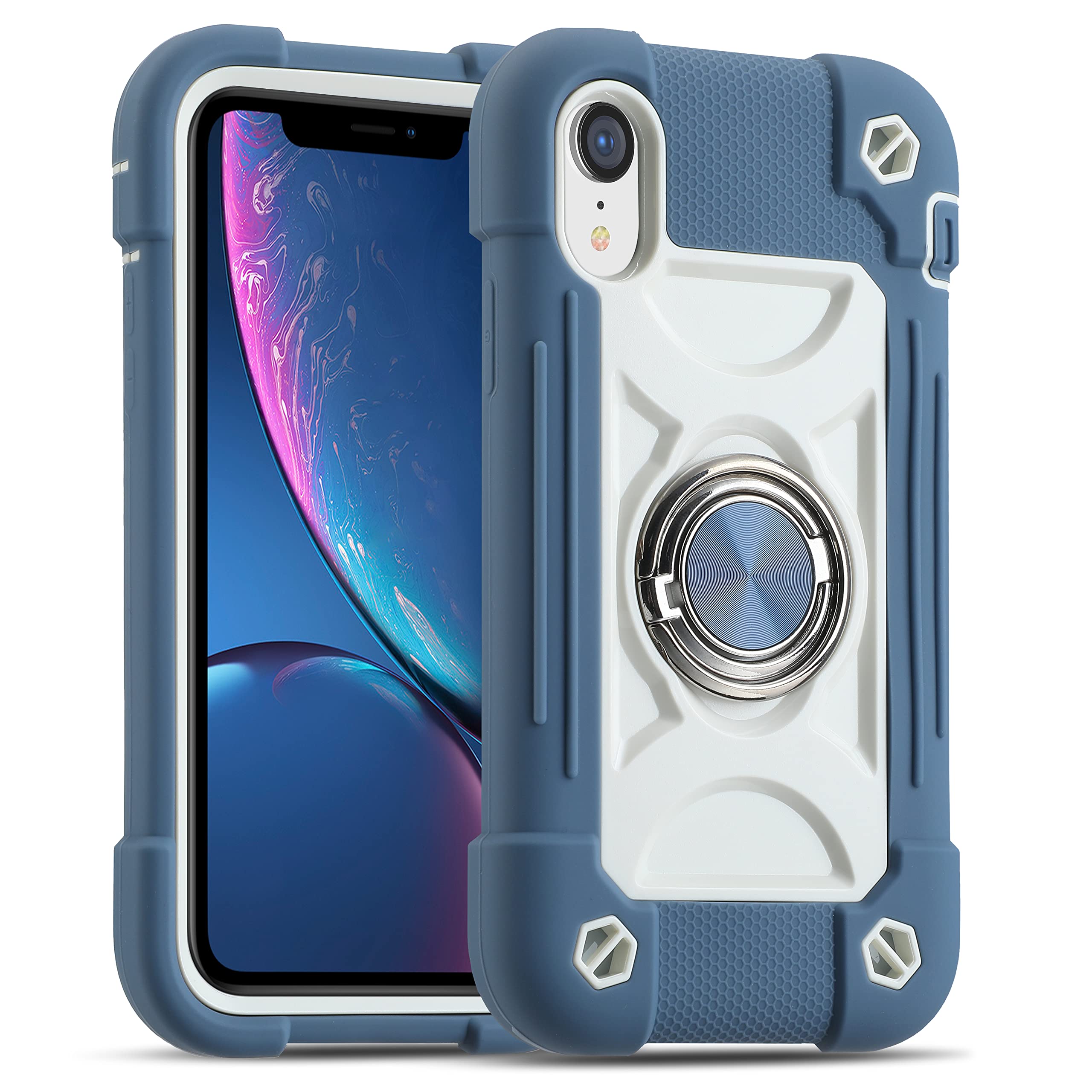 Photo 1 of MARKILL Compatible with iPhone XR Case 6.1 Inch with Ring Stand, Heavy-Duty Military Grade Shockproof Phone Cover for iPhone XR 6.1. Blue