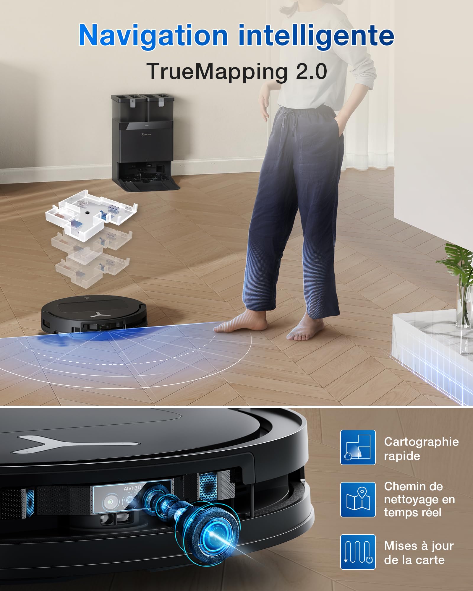 ECOVACS T50 Omni Aspirateur Robot avec Station, Puissance 15000Pa amélioré par T30 Pro Omni, Brosse latérale et serpillière Extensibles, ZeroTangle 2.0, AIVI 3D 2.0, Lavage à l'eau Chaude 75℃, Blanc