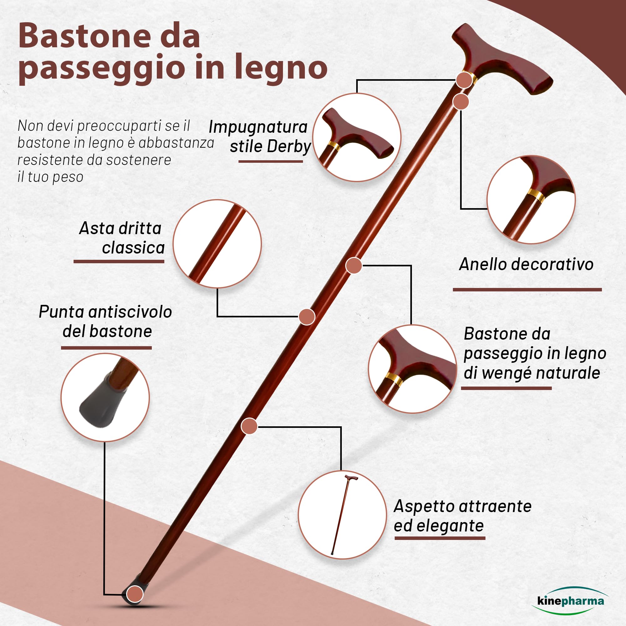 Bastone da Passeggio in Legno per Tutte le Età con Manico Tondo da 92 cm | Per Altezze da 1,70 a 1,85 m | Bastone per Uomo e Donna Robusto, Stabile