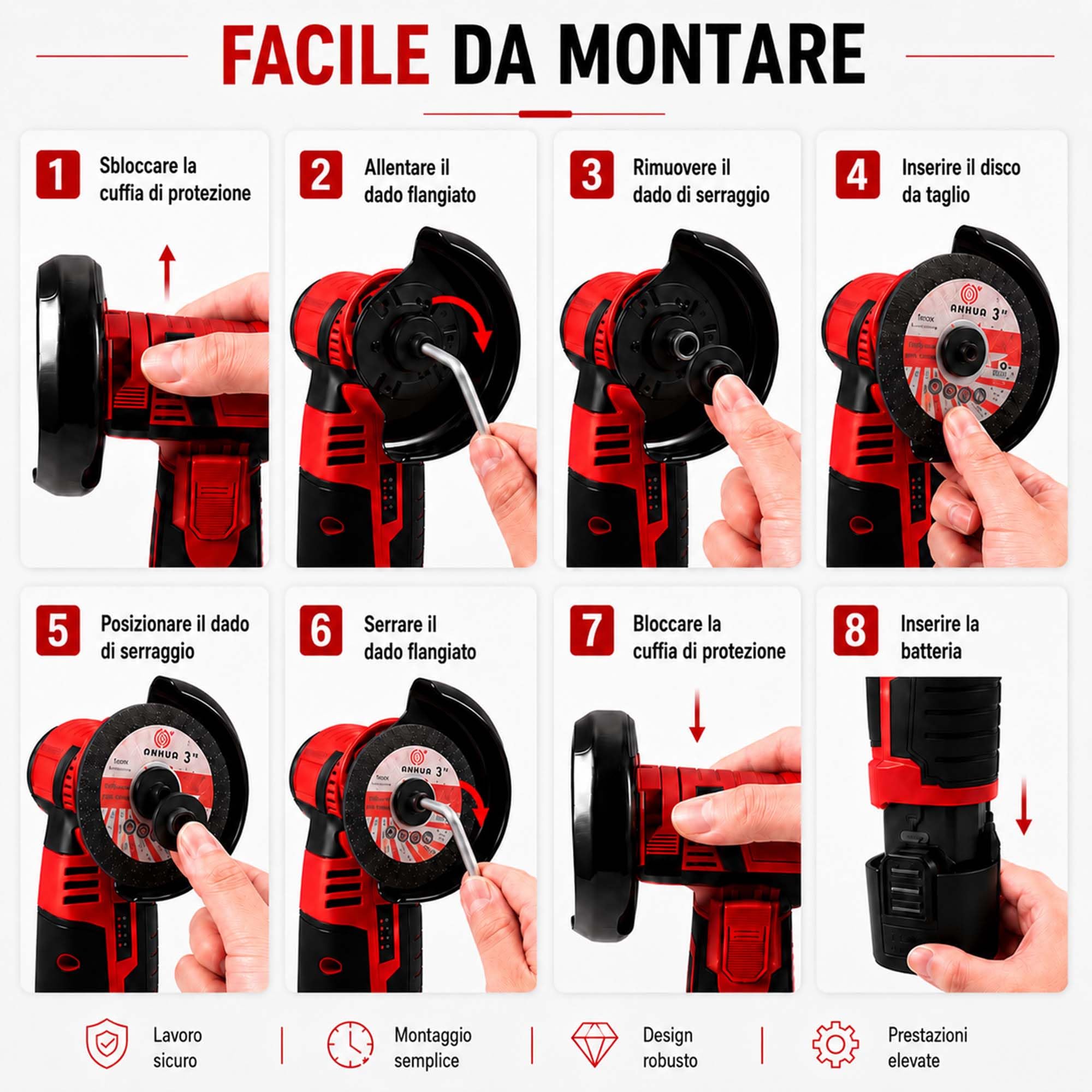 Mini smerigliatrice angolare a batteria, 12 V, 76 mm, senza spazzole, con 2 batterie da 1500 mAh e 8 dischi, 19500 giri/min, smerigliatrice elettrica multifunzione per legno e piastrelle (rosso)