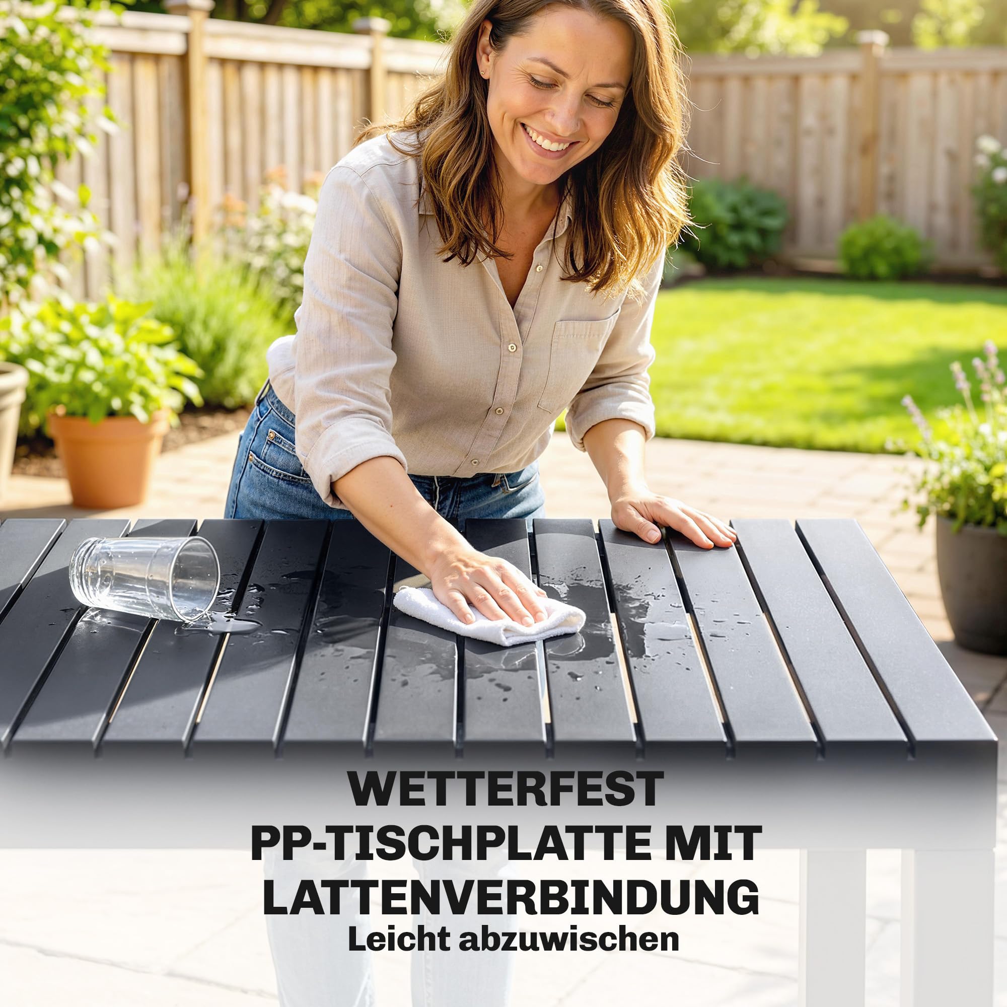 Outsunny Gartenmöbel Set Sitzgruppe 5-teilig Breiter Tisch mit 4 Stapelstühlen Lamelldesign, wetterfest Essgruppe für 4 Personen Gartenset Gartengarnitur für Garten Balkon Terrasse Dunkelgrau
