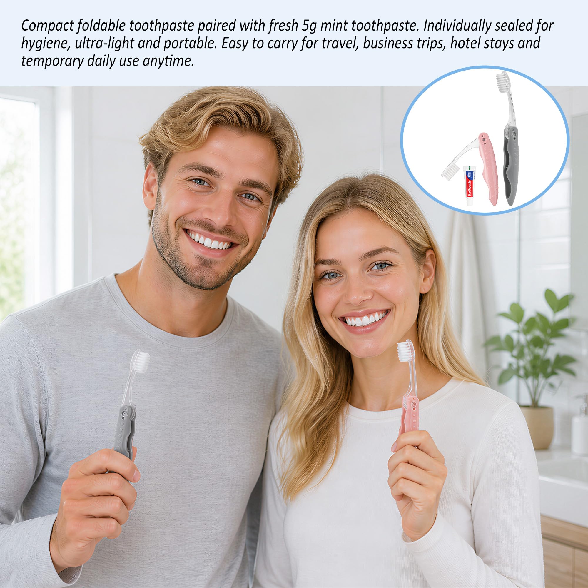 Spazzolino da viaggio e dentifricio, confezionati singolarmente, spazzolino pieghevole e dentifricio, pieghevole per una facile conservazione, disponibile in grigio e rosa, ideale per viaggi
