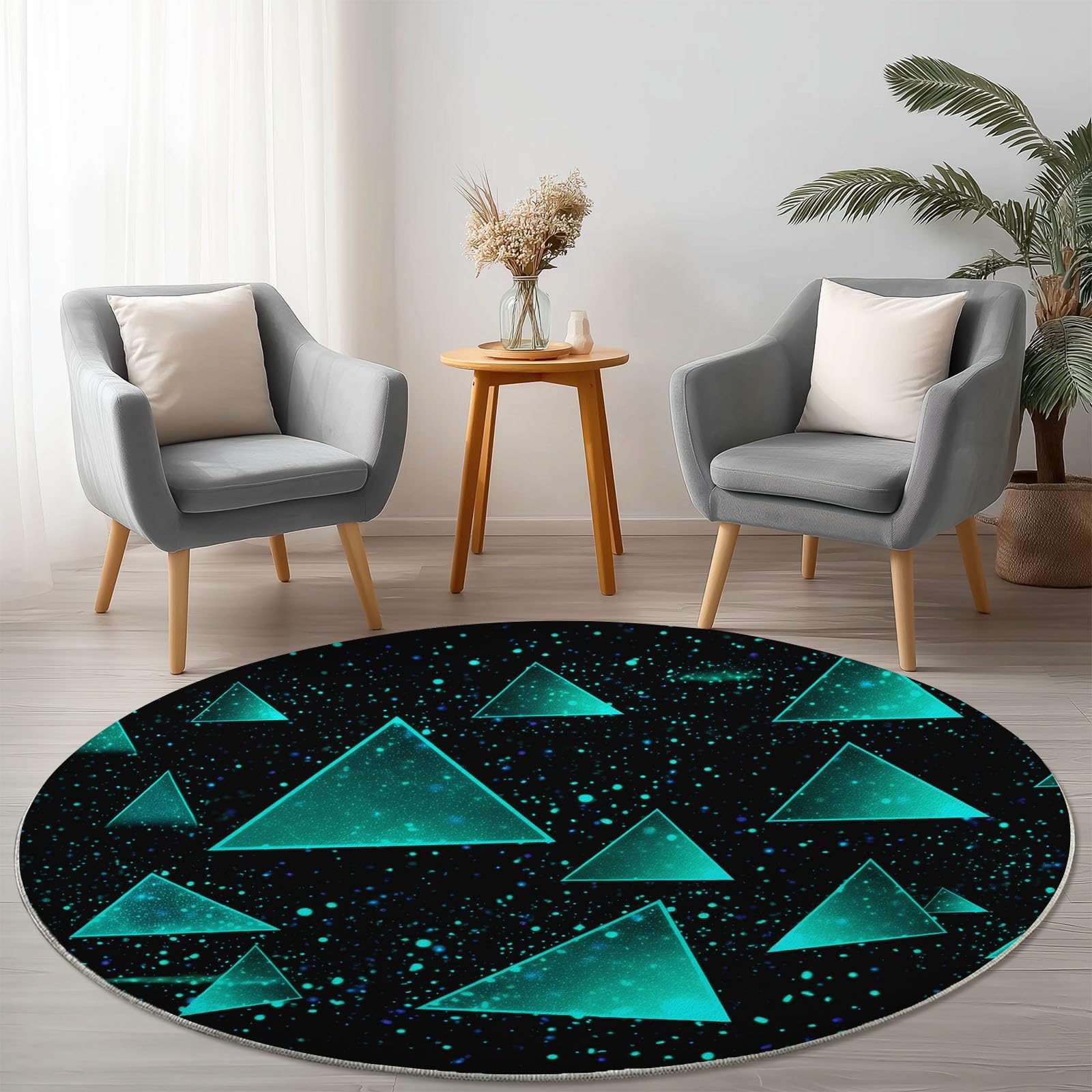 Washable Round Rugs Abstract Living Room Non Slip, 200 cm Round Area Rug Short Pile Bedroom Circle Carpet Soft Faux Wool Rugs for Kids Room Dining Room Decor, Cyan Triangle Star-Shaped