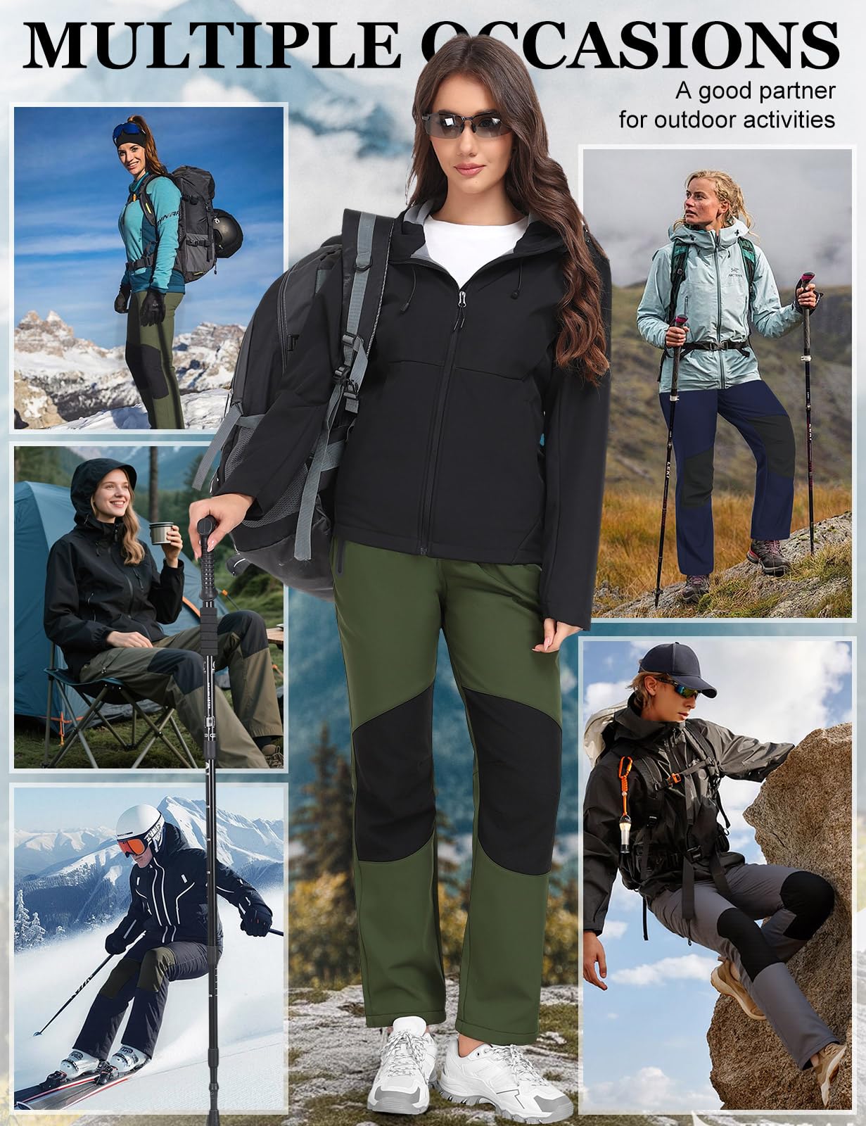 CMTOP Pantalon Randonnée Femme Hiver Imperméable Pantalon Ski Doublé Polaire Pantalon Chaude Softshell Pantalon Montagne de Pluie Trekking Sports Travail avec Poches Zippées