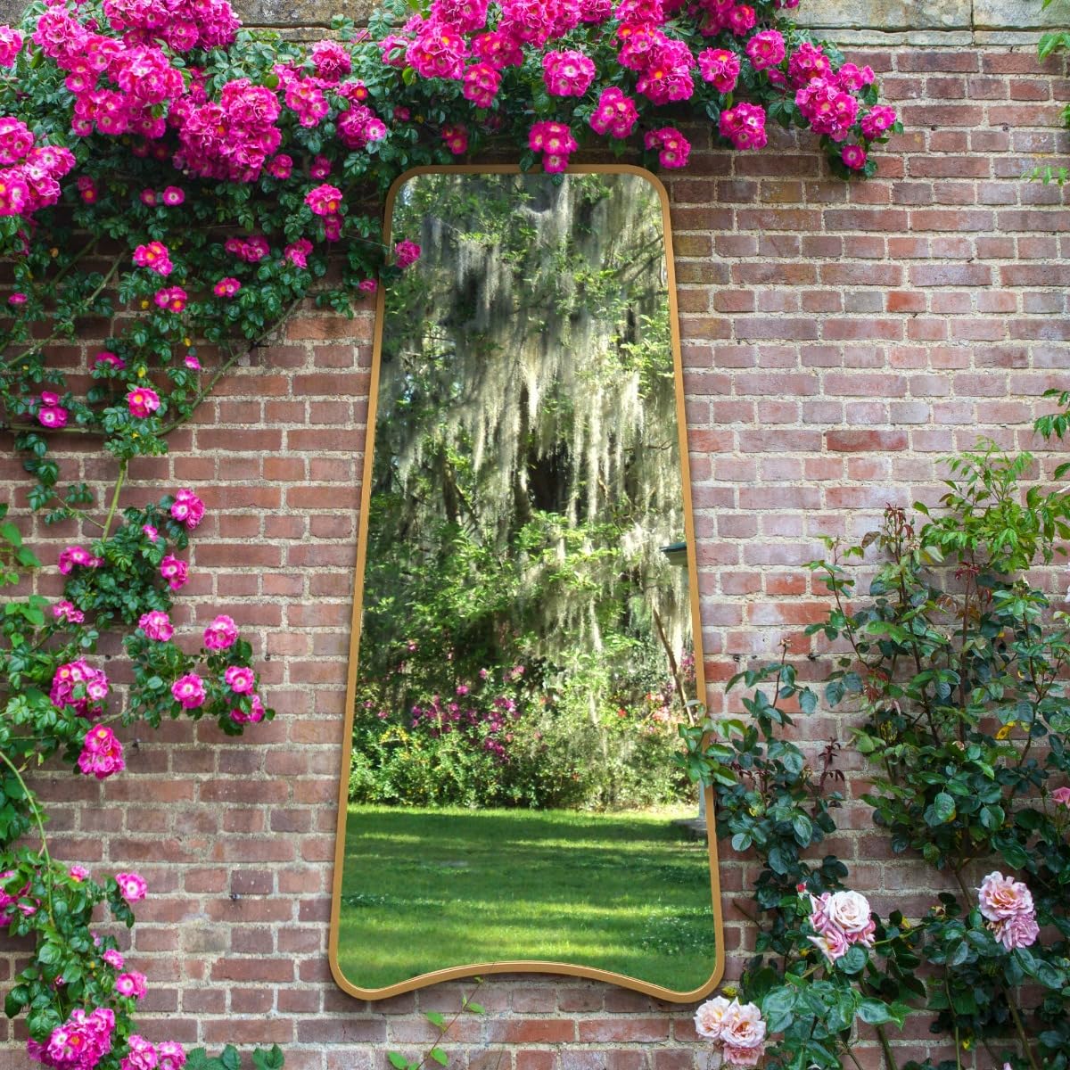 MirrorOutlet The Coartans - Gold Metal Isosceles Trapezoid Framed Rectangular Garden Wall Mirror 71" X 34" (180CM X 85CM) Silvered Mirror Glass. Extra Large.