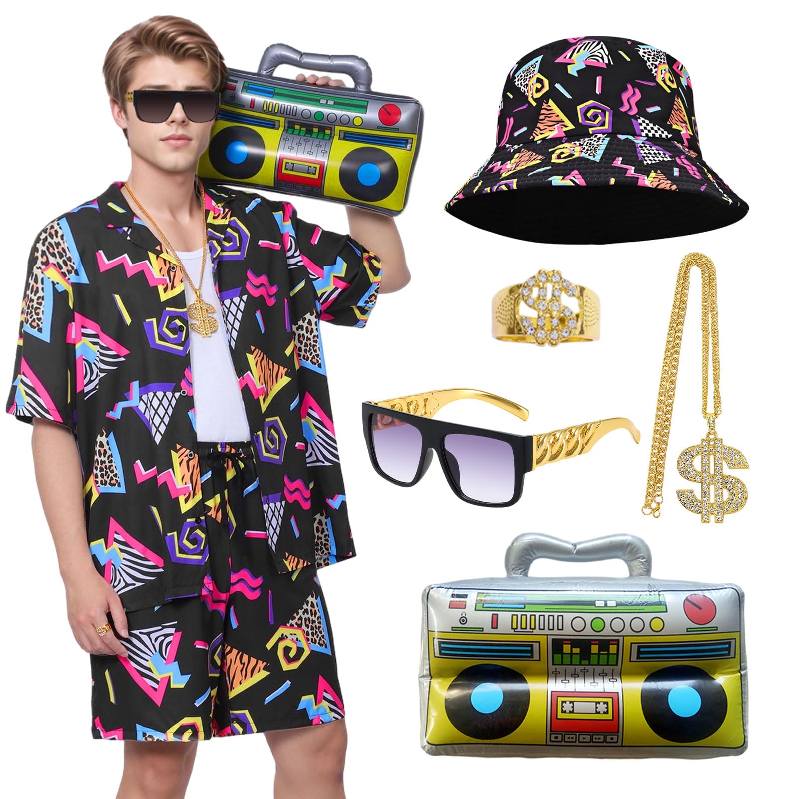 Crittygo 80s Fancy Dress Men, 90s Fancy Dress Costume with Hat Glasses Necklace Ring Inflatable Radio, Retro Hip Hop Outfit for 80s 90s Theme Party Disco