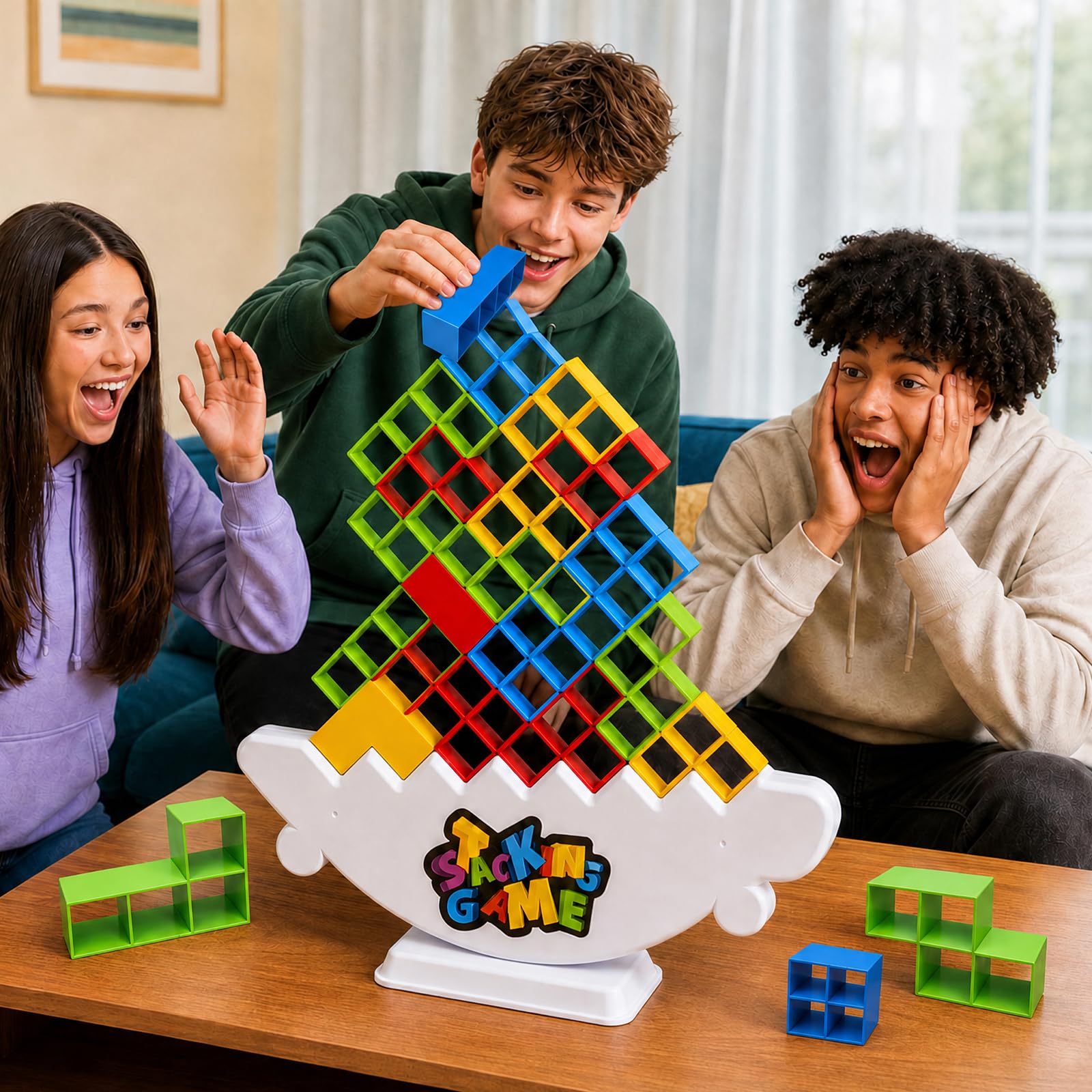 DUHLnote Giant 48PCS Stack Game for Adult & Kids, Tetra Board Tower Games for Family Travel Party, 2+ Players Balance Stacking Toy, Team Toys Building Block