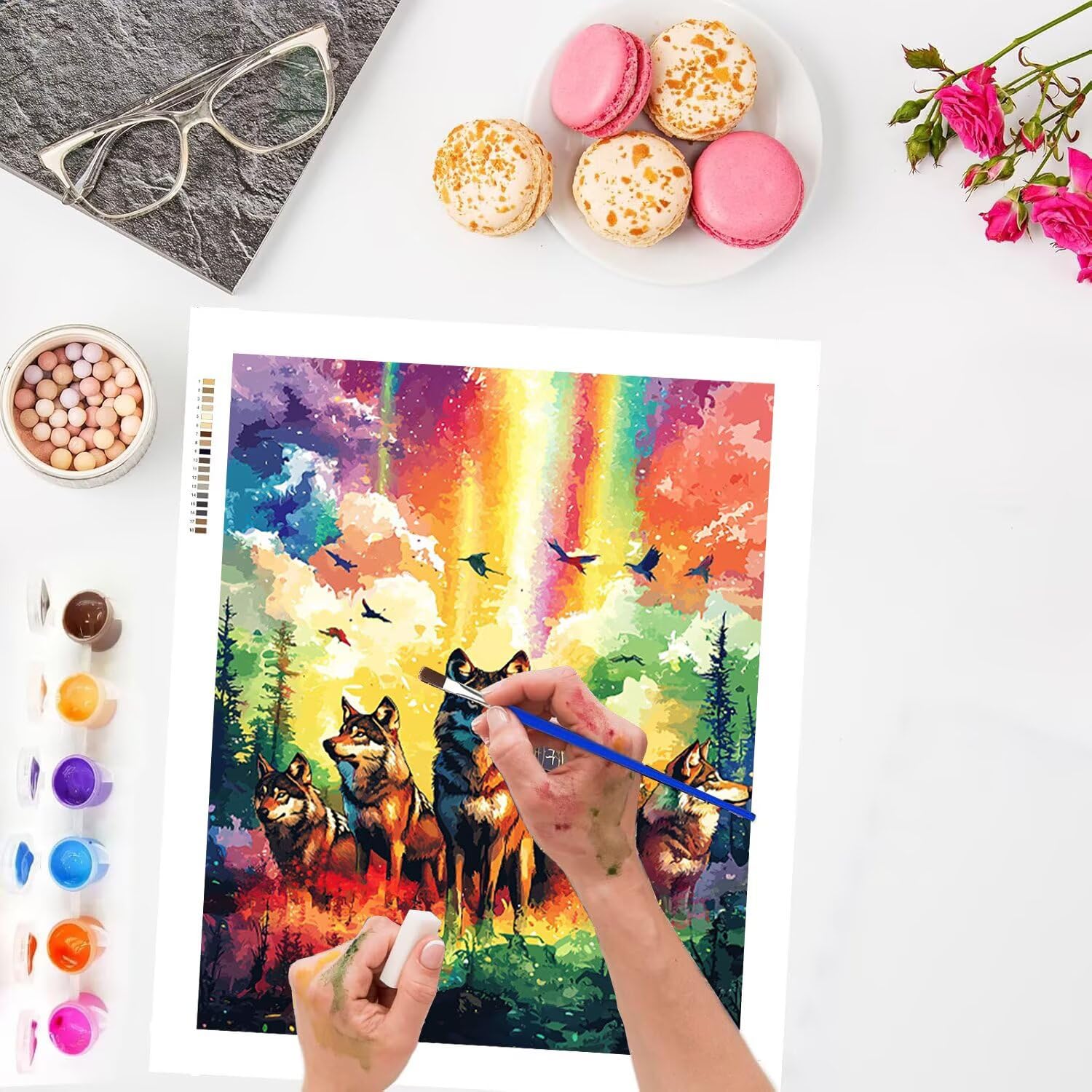 Branco di lupi sotto l'aurora boreale Dipingere con i Numeri, 70x90cm a-484 | Paint by Numbers Kit con Pennelli e Acrilico Pigmento, Fai da te Olio La Pittura di Numeri Kit, Decora la Casa, senza Cornice