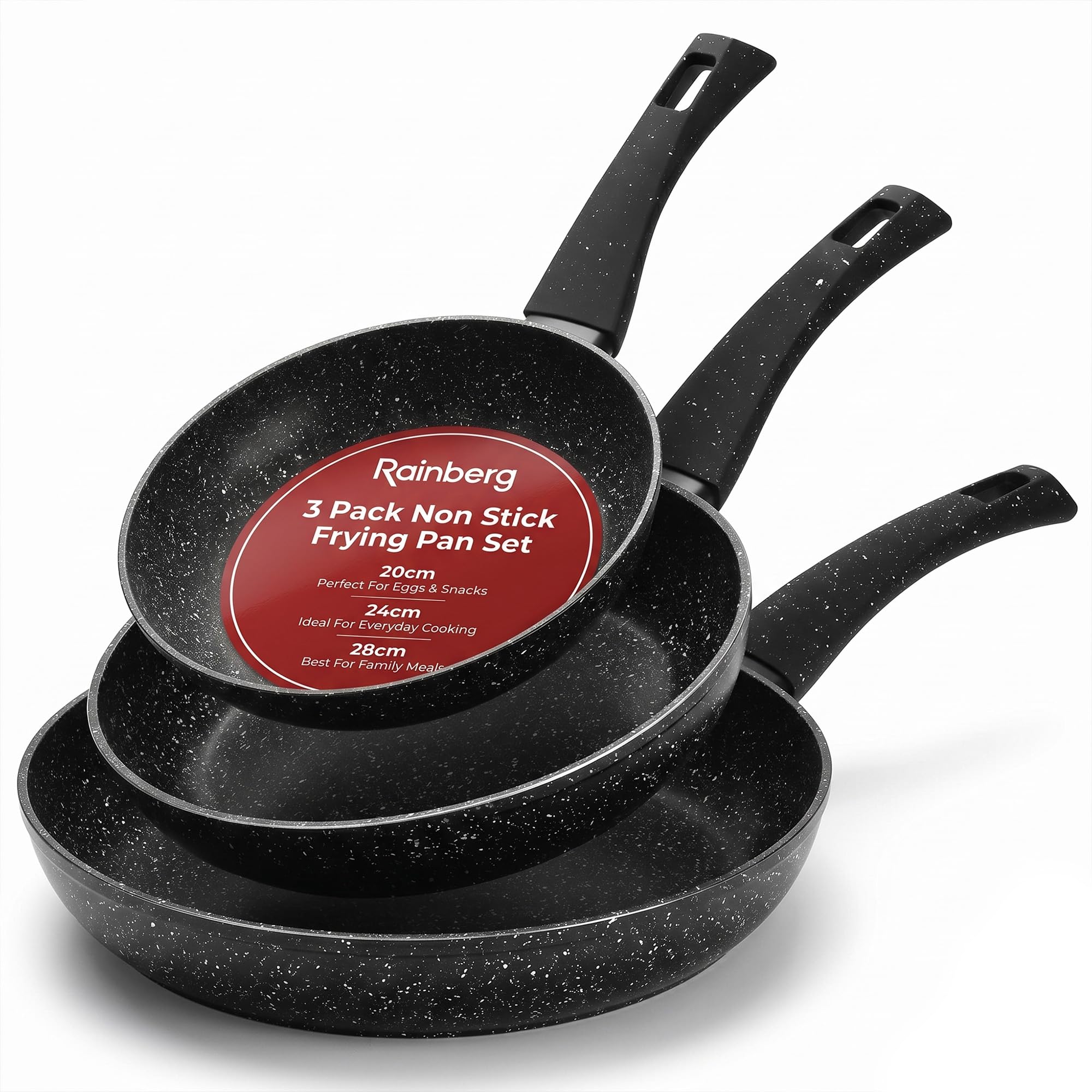 Rainberg Black 3 Pack Non Stick Frying Pan Set, Granite Coating, Non Toxic Pfoa Free, Induction Gas Electric Hobs Compatible, Anti Scratch Omelette Pan, 20Cm,24Cm & 28Cm Cookware Frying Pans Set (Black)