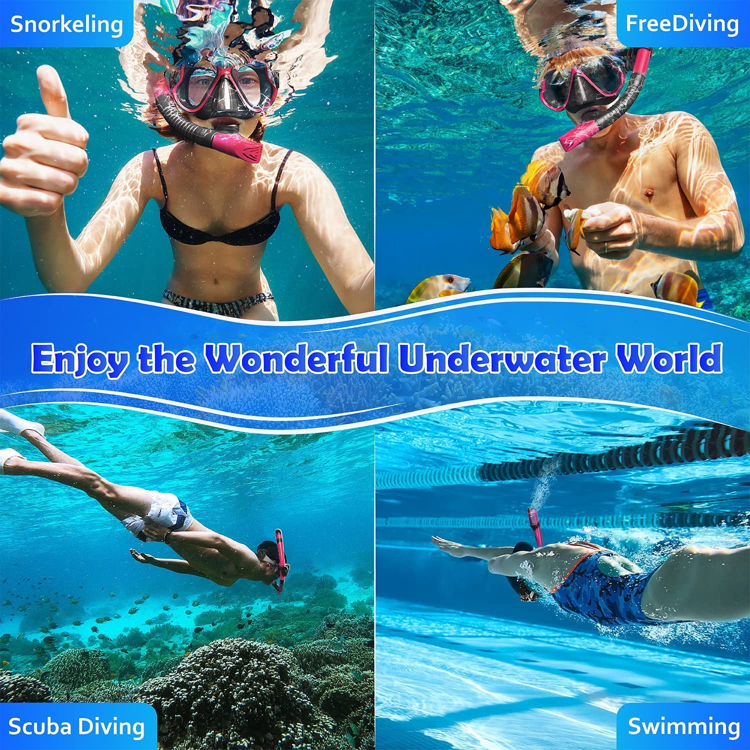 Juego Esnórquel Adulto Juego Snorkel Adultos Antivaho - Máscara Panorámica 180° Con Tubo Seco Y Cristal Templado Vidrio Templado Snorkel