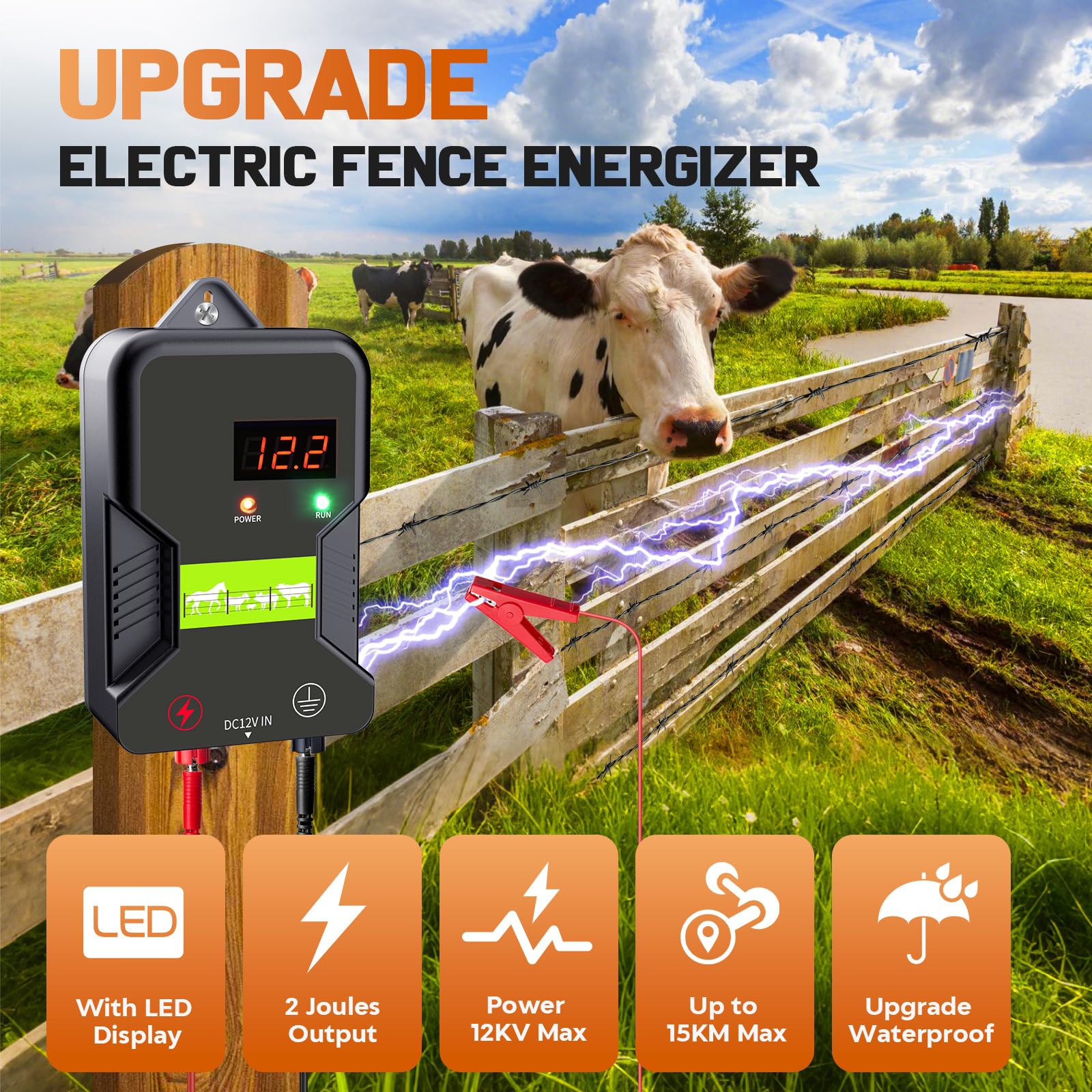 15KM pastor electrico, cerca eléctrica Controlador de pulso de alto voltaje seguro Granja de animales Cerca eléctrica Pastor Granja de animales Pastor eléctrico para vacas, ganado, caballos