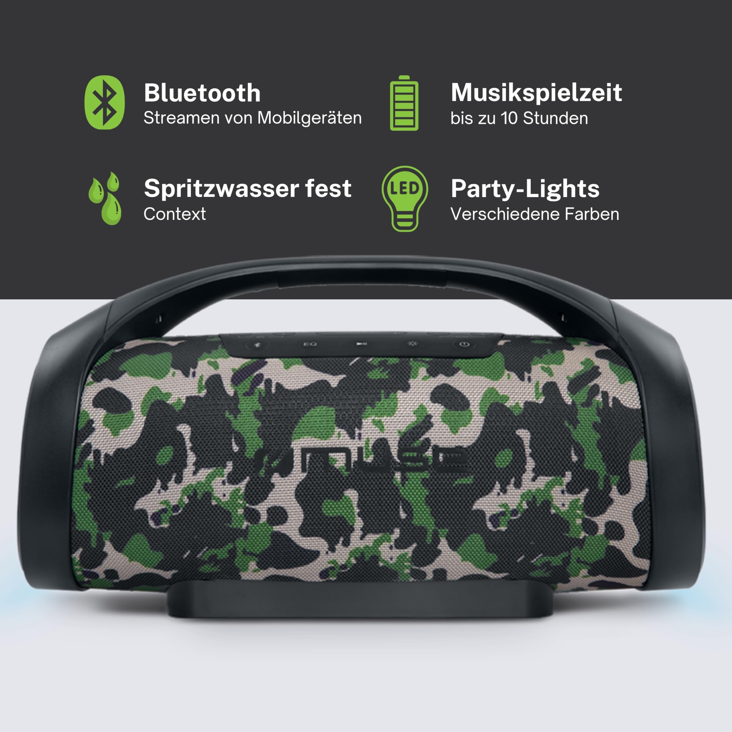 Muse M 980 AC. Odporny na zachlapanie głośnik Bluetooth z wbudowanym światłem, moc 300 W, możliwość pary stereo. Koncektor ładowania USB-C, port USB do ładowania i zbicia.