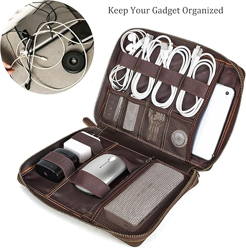 Miniatura 8 de Polare - Organizador de cables de viaje de cuero de grano completo, bolsa de transporte para accesorios electrónicos con cremalleras YKK, bolsa de
