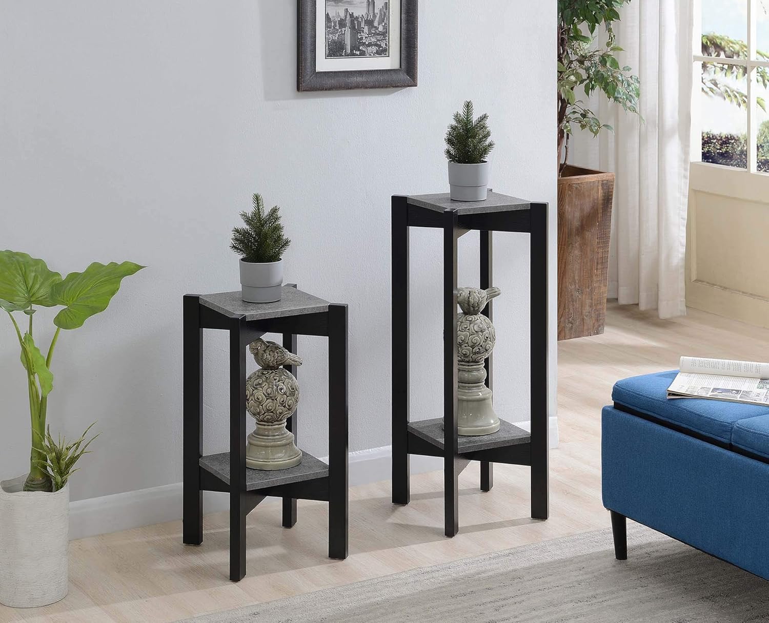 Convenience Concepts Planters & Potts Deluxe Square 31" Modern Stand for Plants, Vases, and Antiques, for the Living Room, Hallway, Entryway, Faux Cement/Black