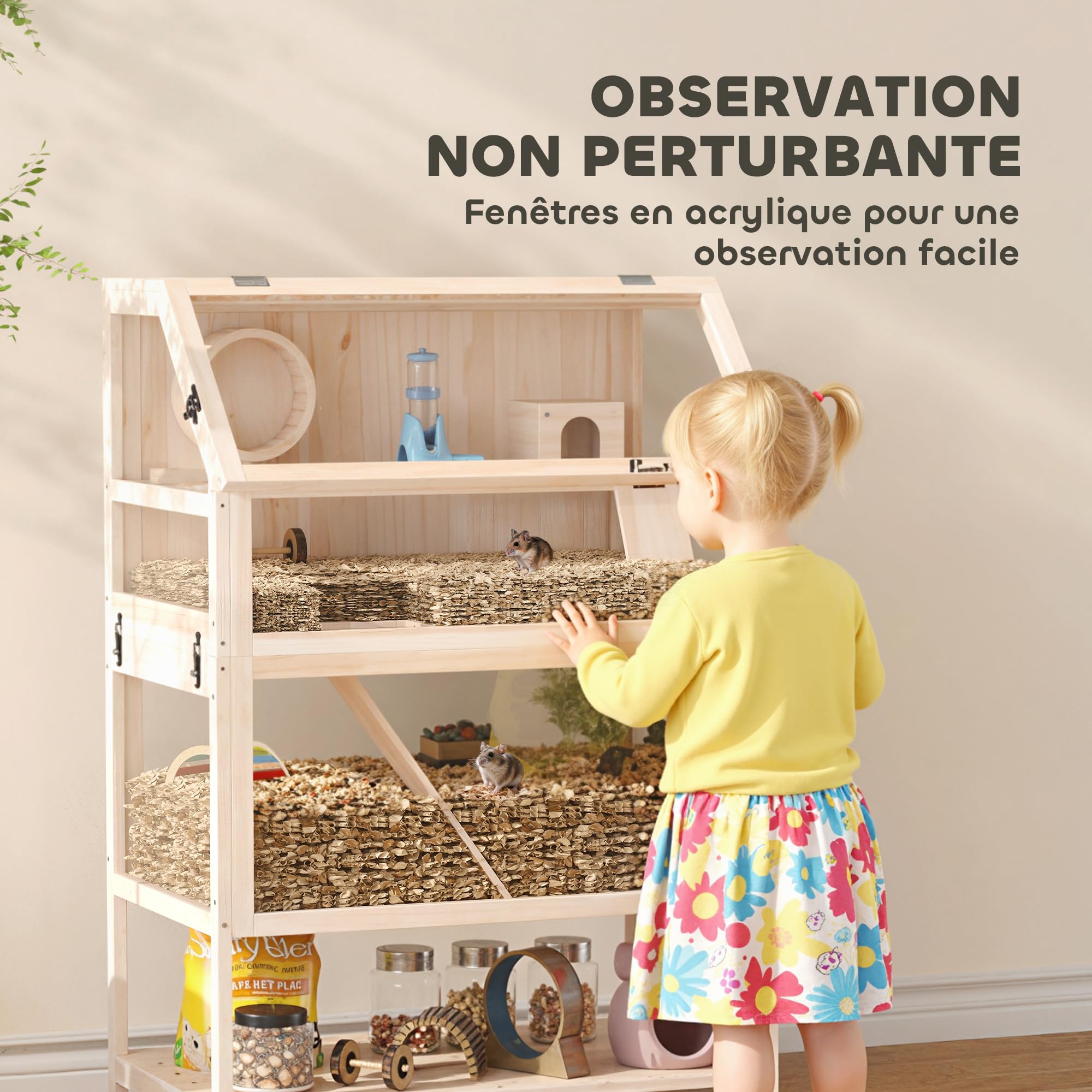 PawHut Gabbia per criceto in legno XXL – Habitat per roditori a 3 piani con pannello acrilico e ruota – Casa piccolo animale di lusso con accessori e ripiano di stoccaggio, 80 x 53 x 117 cm, effetto