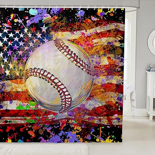 Cortina de ducha de béisbol para niños, cortina de baño con temática de juegos deportivos en acuarela para niños y niños, cortina de baño