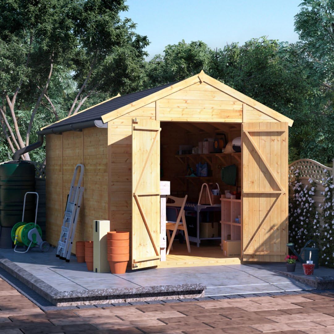 BillyOh 12x8 Expert Wooden Garden Storage Shed Tongue & Groove Construction Windowless Double Door Workshop Apex Roof, Felt & Floor Included 12ft x 8ft