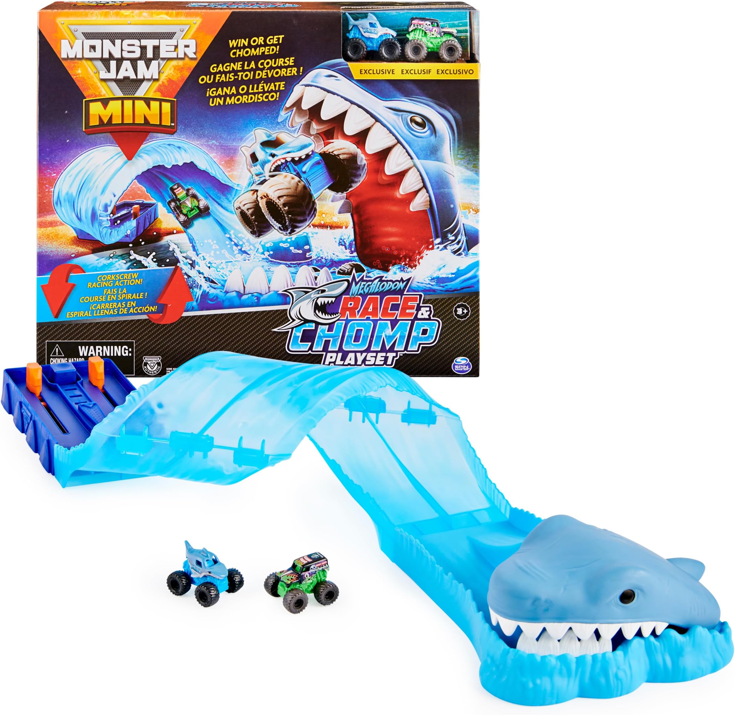 Mini Megalodon Race and Chomp Playset with 2 Mini Trucks, 1:87 Scale, Kids Toys for Boys and Girls Ages 4-6+
