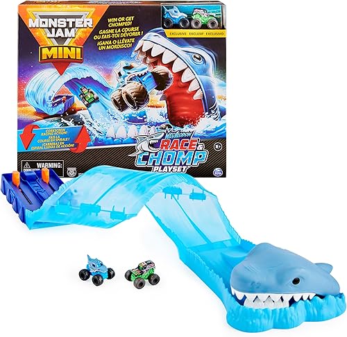 Monster Jam, Mini Megalodon Race and Chomp Playset con 2 mini camiones Monster Jam a escala 1:87, juguetes para niños y niñas de 4 a 6 años en Mini