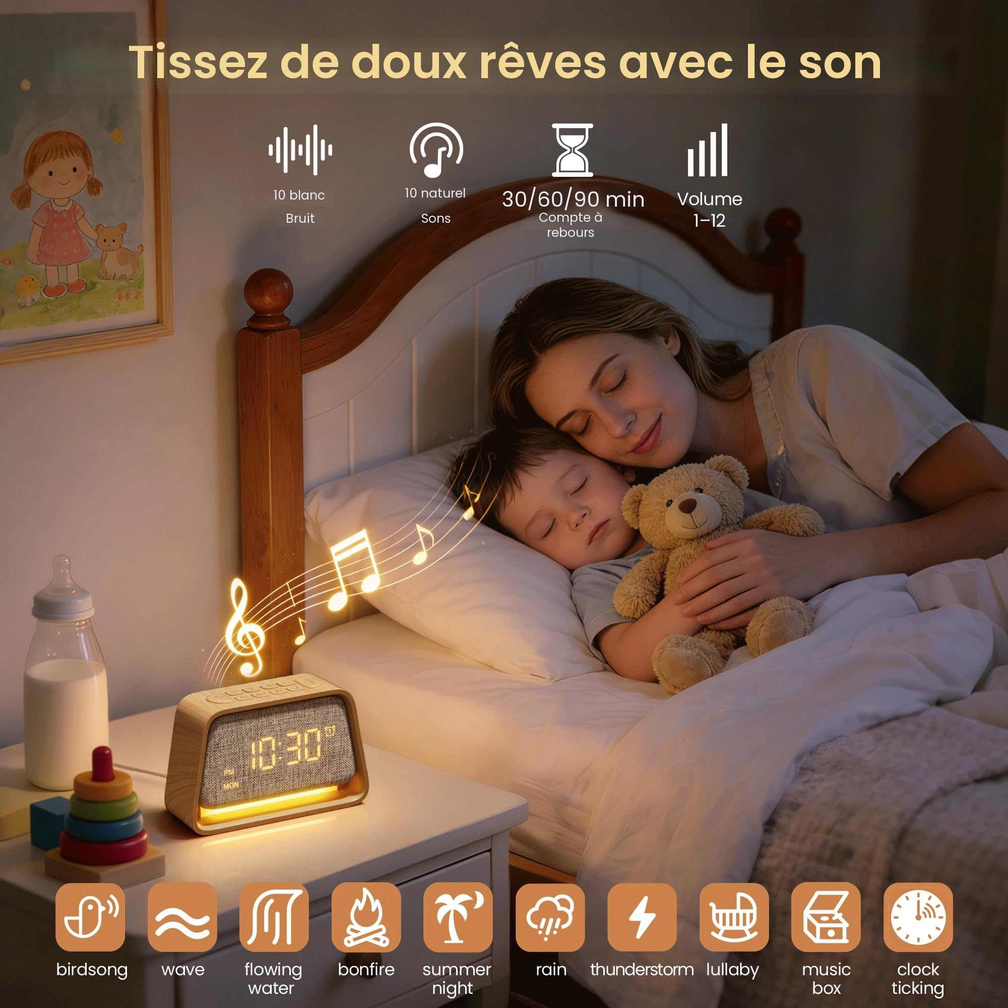 blonbar Réveil, réveil 3 en 1 avec veilleuse, aide au sommeil avec 10 bruits blancs et 10 sons naturels, lampe de table réglable à 3 niveaux pour chambre à coucher, chambre à coucher