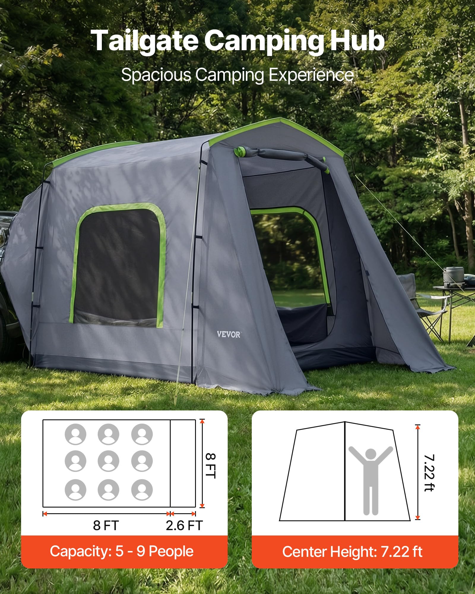 VEVOR Grand 3 Saison SUV Tente pour 5-8 Personnes, Tente de Lit Camion, Vert, Aluminium Pologne, Imperméable PU2000mm, Auto Camping, Randonnée