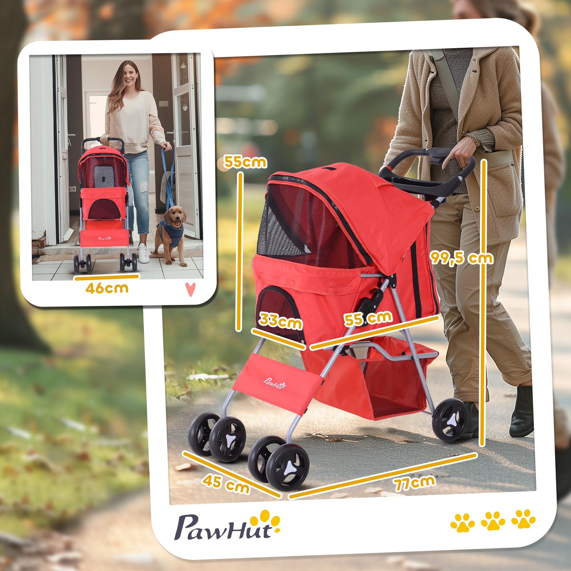 PawHut Carrito para Perros Plegable Cochecito para Mascotas Carrito para Perros Pequeños con Toldo Ajustable Cesta de Almacenaje 2 Ruedas Universales Carga 15 kg 77x45x99,5 cm Rojo