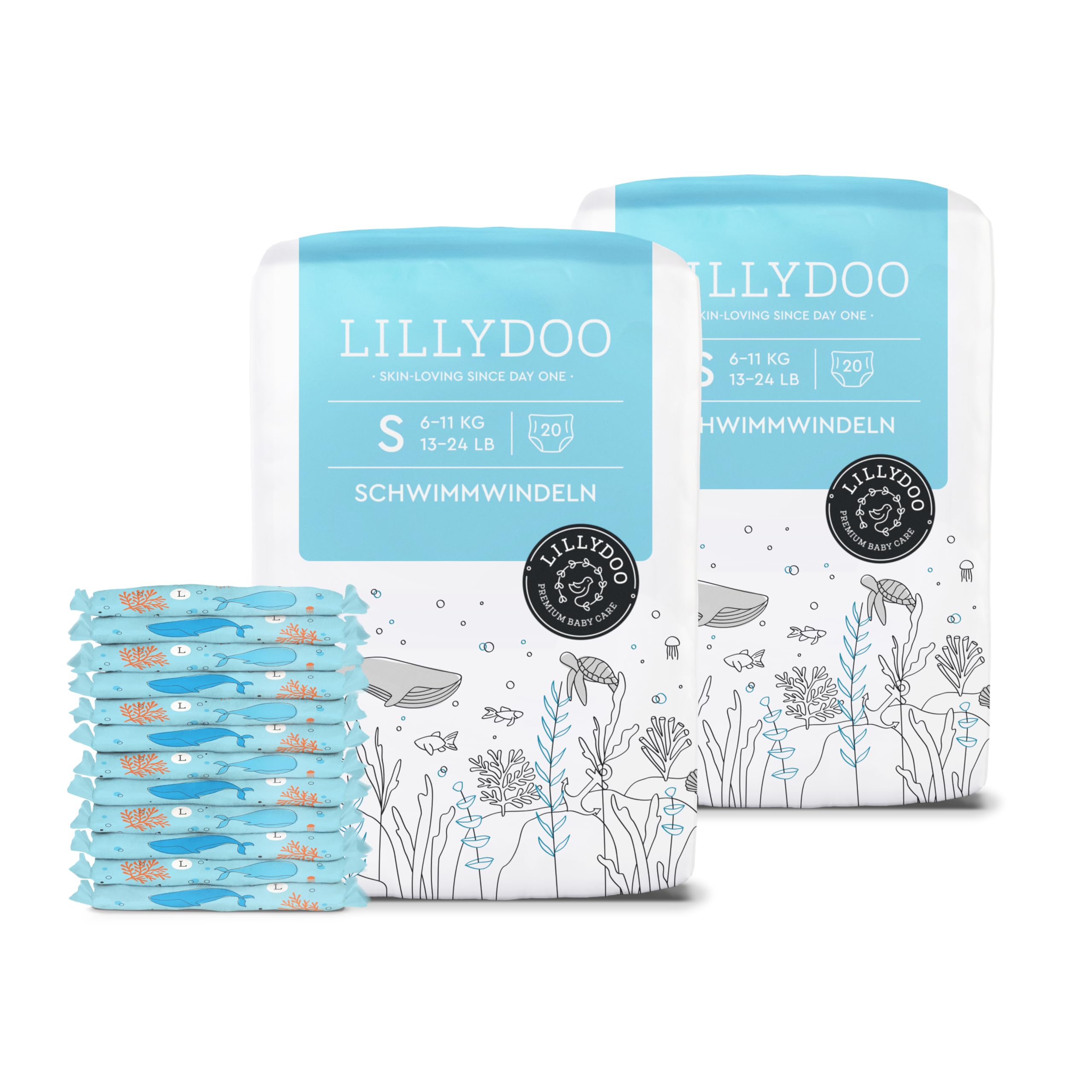 LILLYDOO hautfreundliche Einweg-Schwimmwindeln für Babys, Größe S (6-11 kg), 2 Packungen (40 Stück) mit Unterwasser-Design, Windeln für sicheren Schutz im Wasser