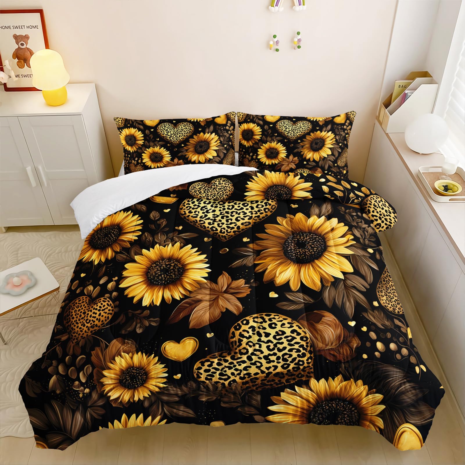 Black Sunflowers Comforter Set Full for Girls Women Kids,Yellow Floral and Leopard Print Heart Pattern Bedding Set,3-Pieces Soft Microfiber Botanical Quilt Set for Bedroom Decor