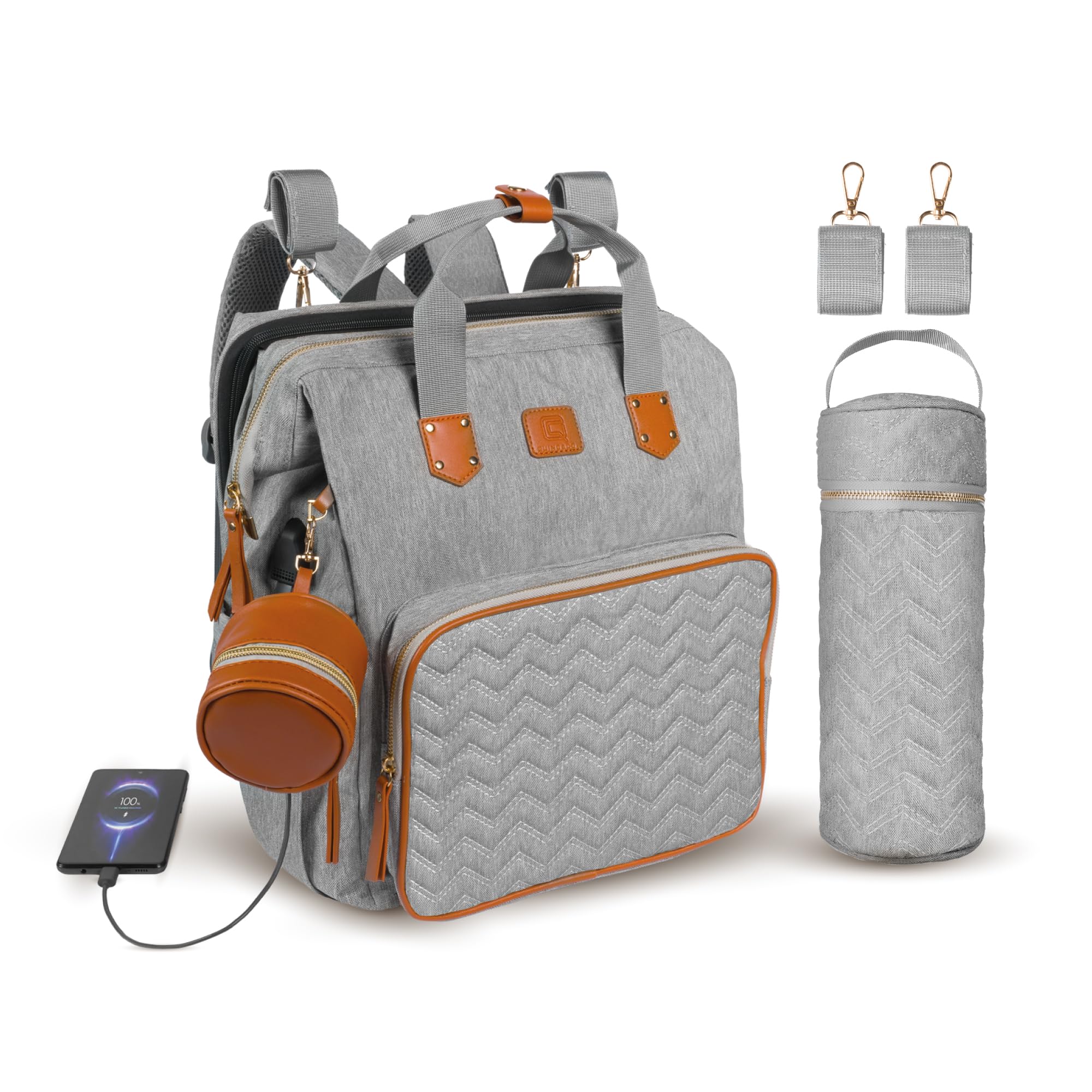 QUINO&CO Borsa Zaino Mamma Neonato Fasciatoio Multifunzione per Passeggino | Custodia per Biberon Grande, Impermeabile e Isolata, USB | Zaino Cambio per Pannolini Unisex