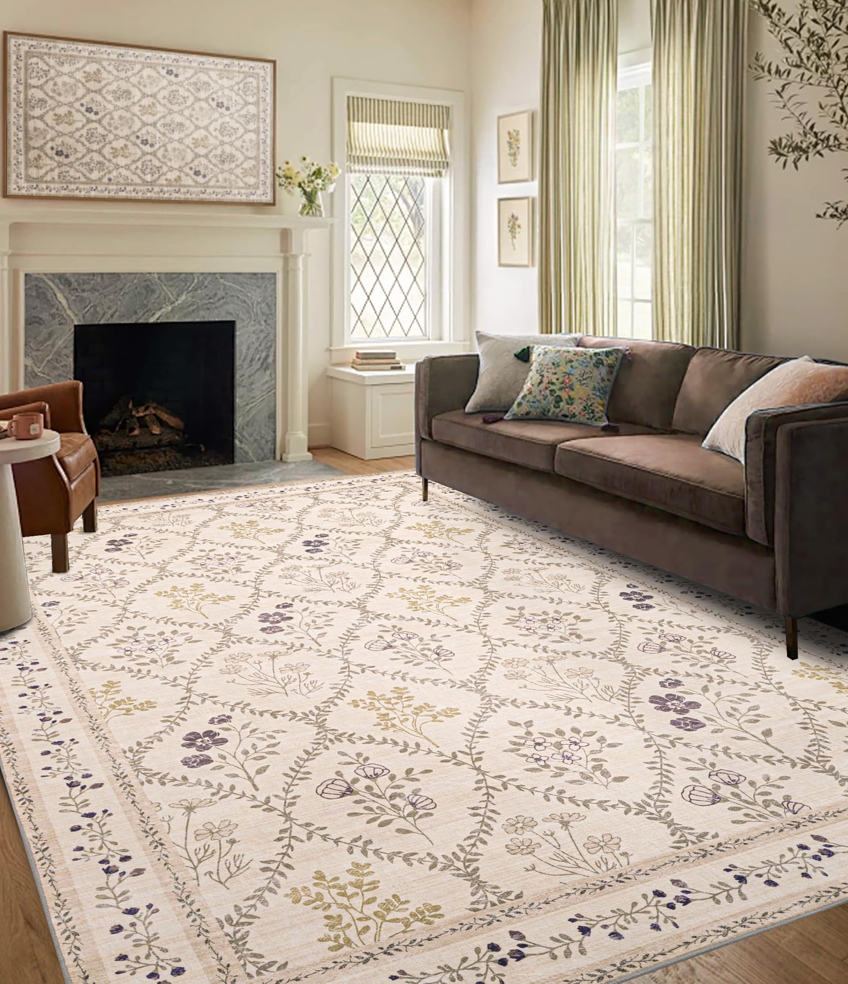 YIHOUSE Beige Floral Print Rugs, Moroccan Trellis 9x12 Washable Large Rug, Modern Pastel Non Slip Ultra-Thin Area Rug for Classroom, Nursery Playroom,