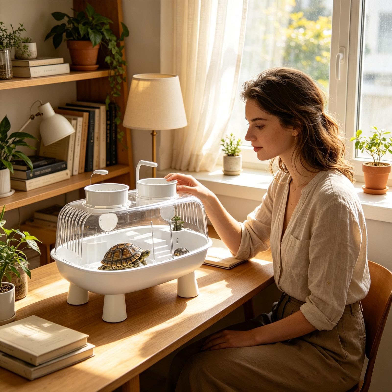 Hábitat de tortuga con iluminación clara pequeña cuenca | jaula de hábitat para reptiles de agua, para interior, exterior, hogar, oficina, balcón, estanque, reptil