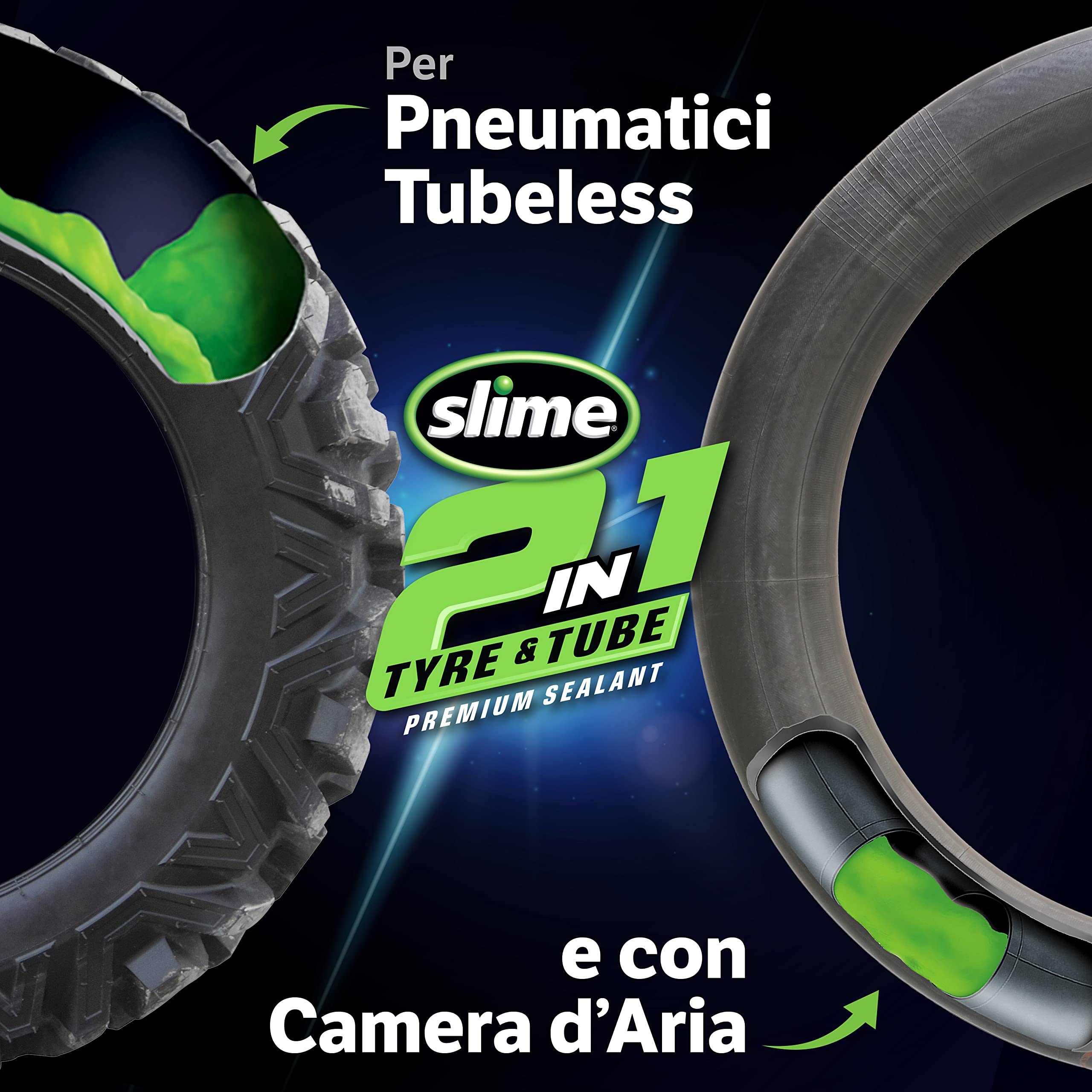 Slime 10193-51 Sigillante 2 in 1 per Camera d'Aria e Pneumatico Antiforatura, Premium, Prevenire e Riparare, per Tutti i Tipi di Camere d’Aria e Pneumatici Fuoristrada, 473ml (16oz)
