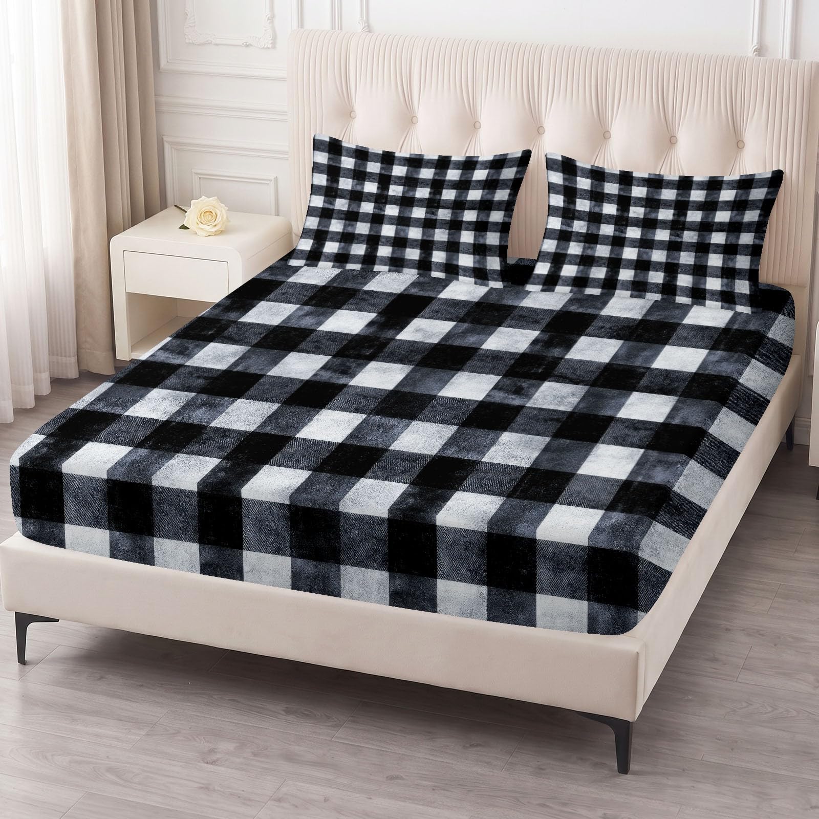 Spannbettlaken Modern Bettlaken 160 x 200 cm Weiche Atmungsaktive Mikrofaser - Schwarz Geometrie Karomuster Karo Spannbetttuch für Boxspringbett & Wasserbett Schlafzimmer Dekor, Steghöhe 30 cm