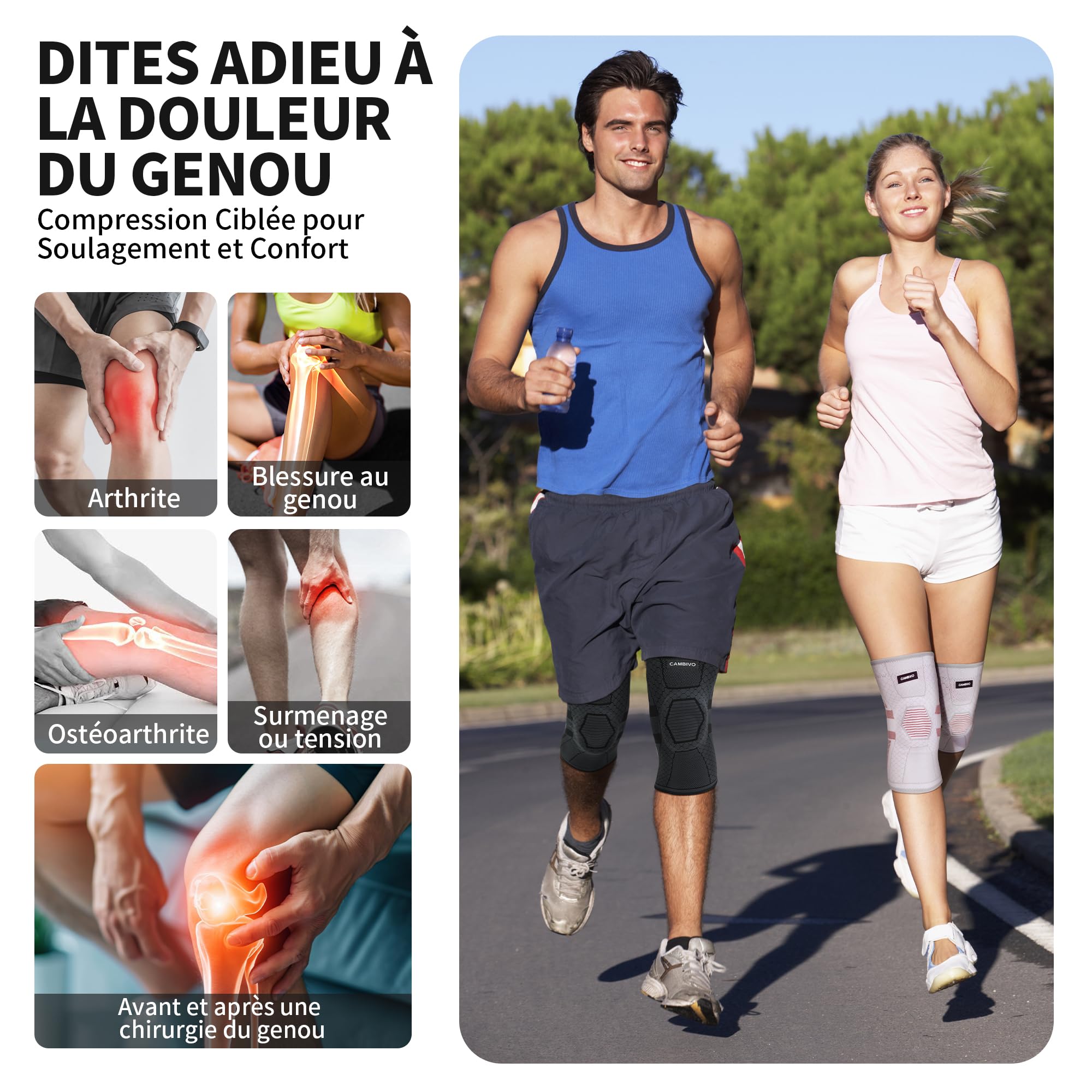 CAMBIVO Genouillere Arthrose Genou 2 Pcs, Genouillère Sport avec Stabilisateurs Latéraux en PMMA et Coussin en Gel Rotulien, Genouillère Rotulienne pour Ménisque, Douleur Genoux, Sport