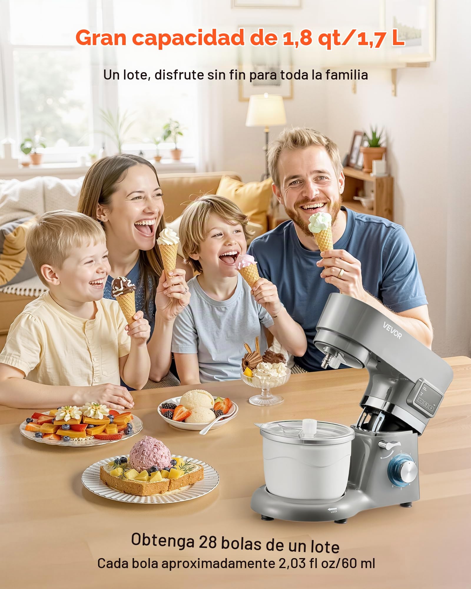 VEVOR Batidora de Pie de Helados 1,7 L, 6 Velocidades, Pantalla Digital LED, Temporizador, Paleta para Mezclar, Gancho para Masa y Protector contra Salpicaduras, Gris, 1400 W, 375 x 212 x 305 mm