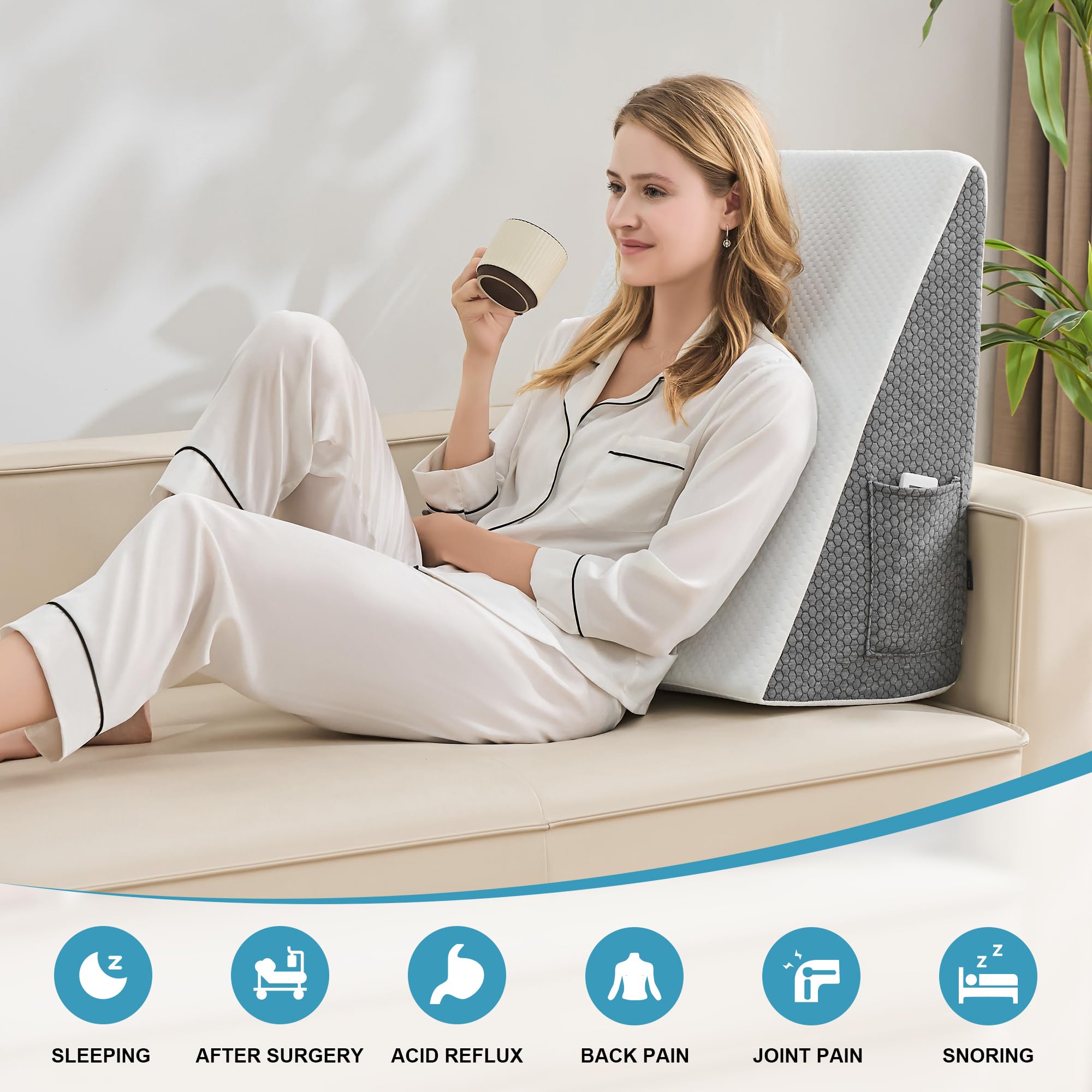 Cuscino a cuneo per dormire – 60x60x30 cm Cuscino triangolare per testata del letto, in memory foam, GERD, russamento, sollievo dal mal di schiena dopo gli interventi chirurgici, sollevamento